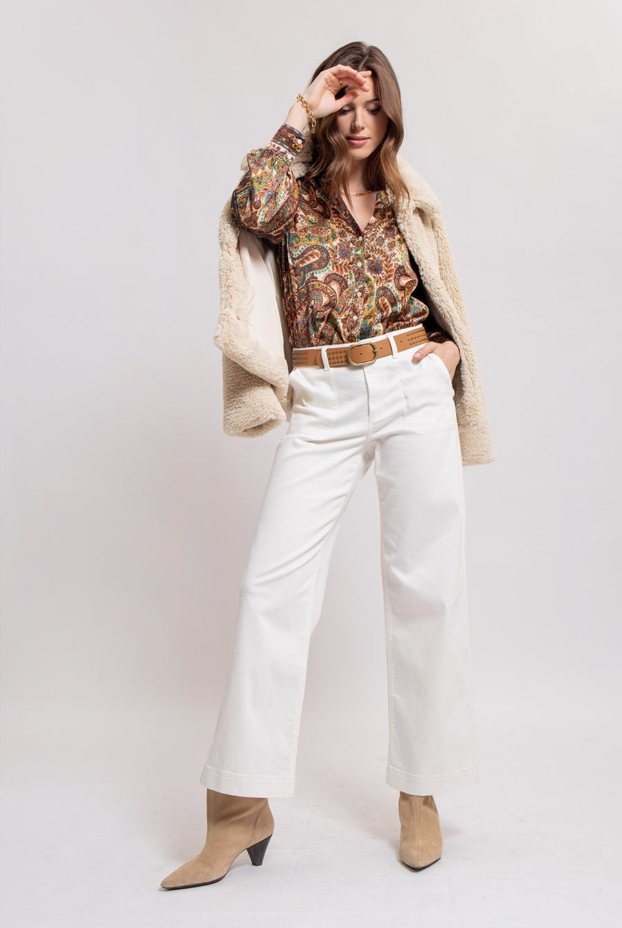 Blouse satin imprimé exclusif beige et multico | Elora