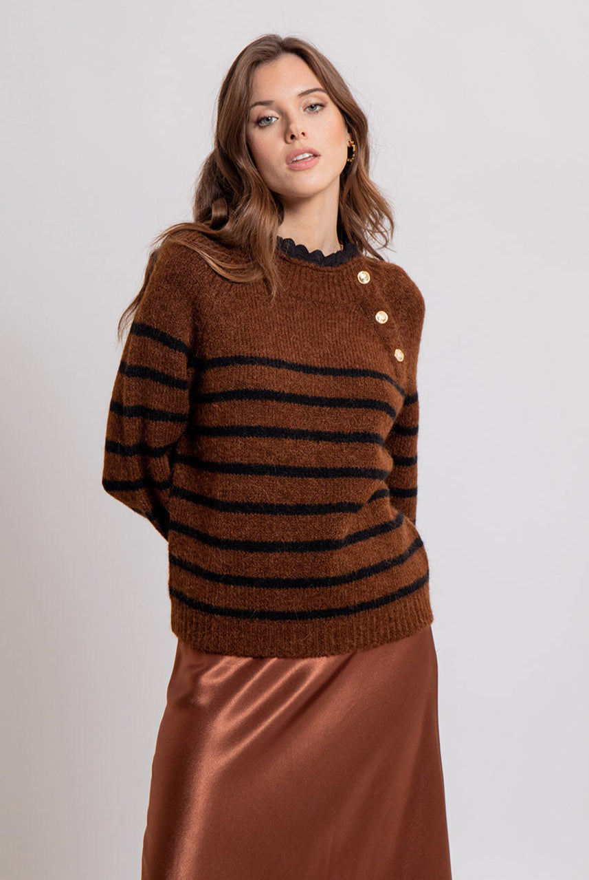 Pull rayé bicolore toffee et noir | Elora