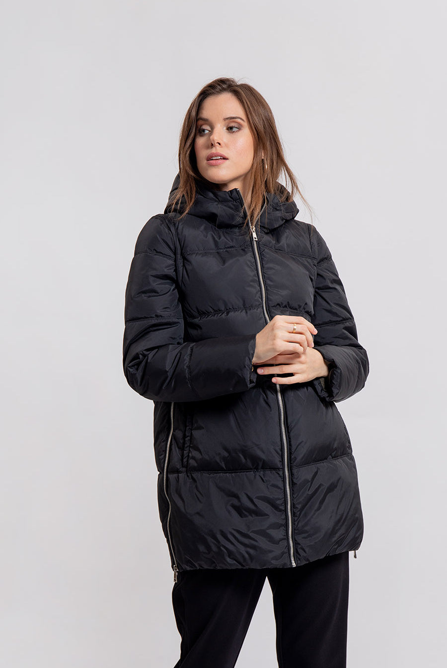 Doudoune noire mi longue avec manches amovibles | Elora