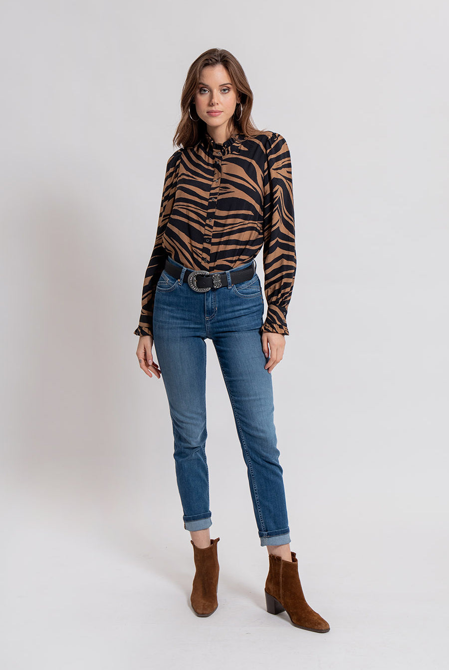 Blouse volantée imprimé zèbre bronze et noir | Elora