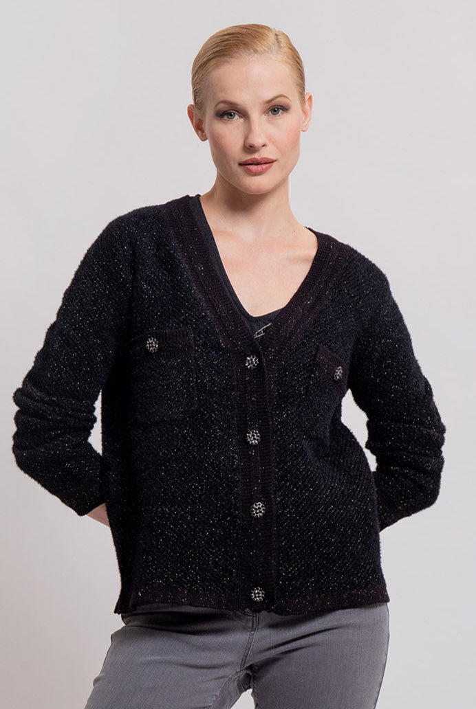 Cardigan noir esprit couture avec boutons bijoux | Elora