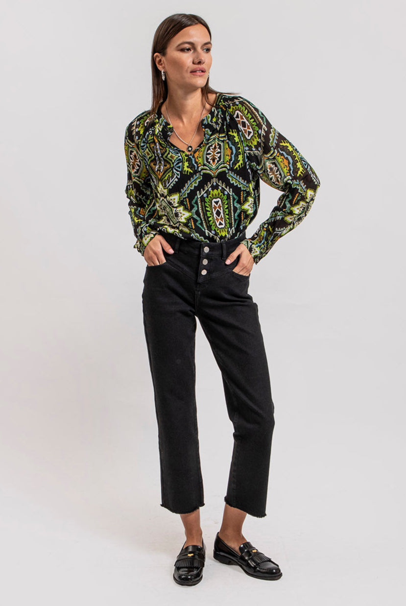 Blouse imprimé azthèque vert et noir | Elora