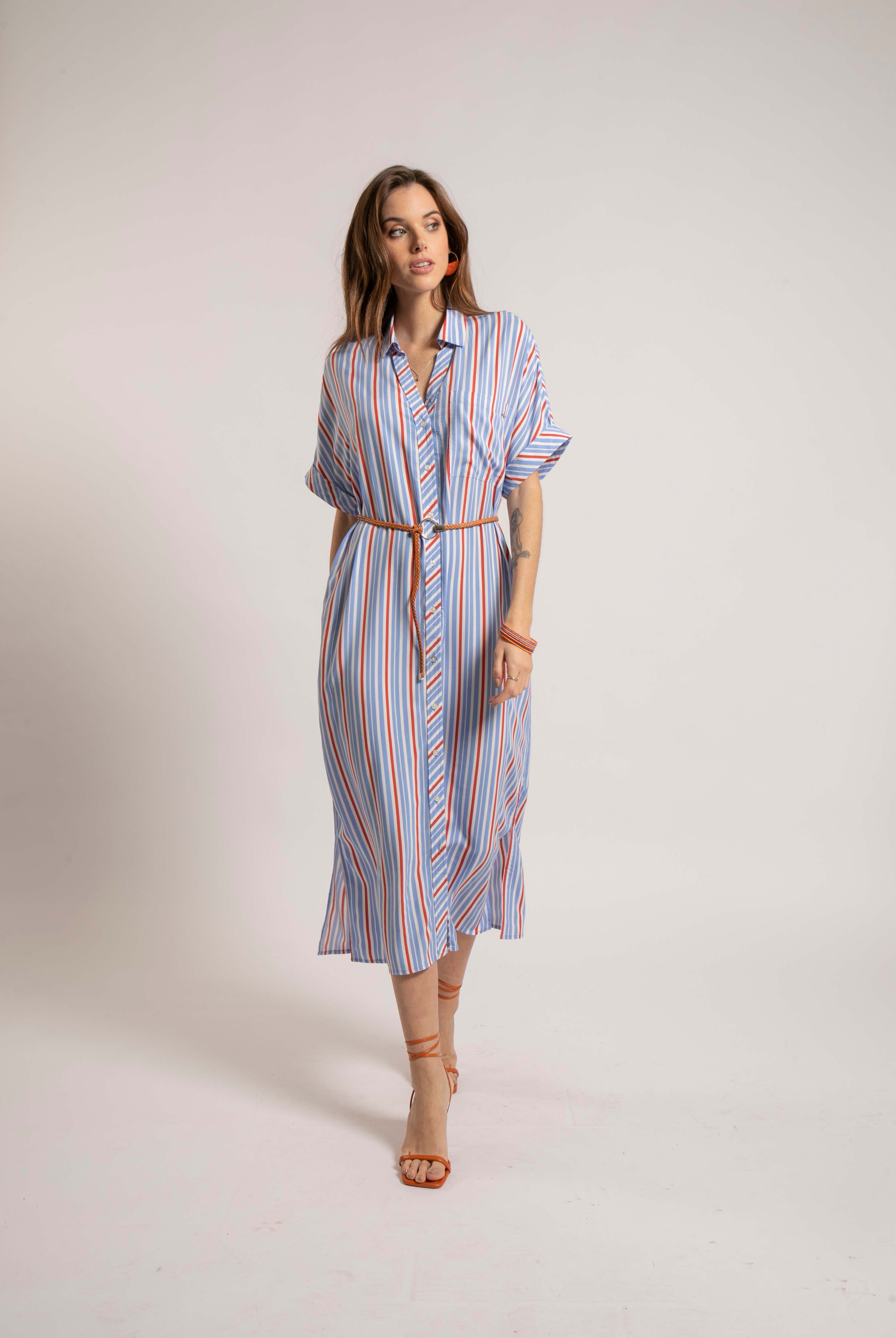 Robe chemise rayée bleu et orange | Elora
