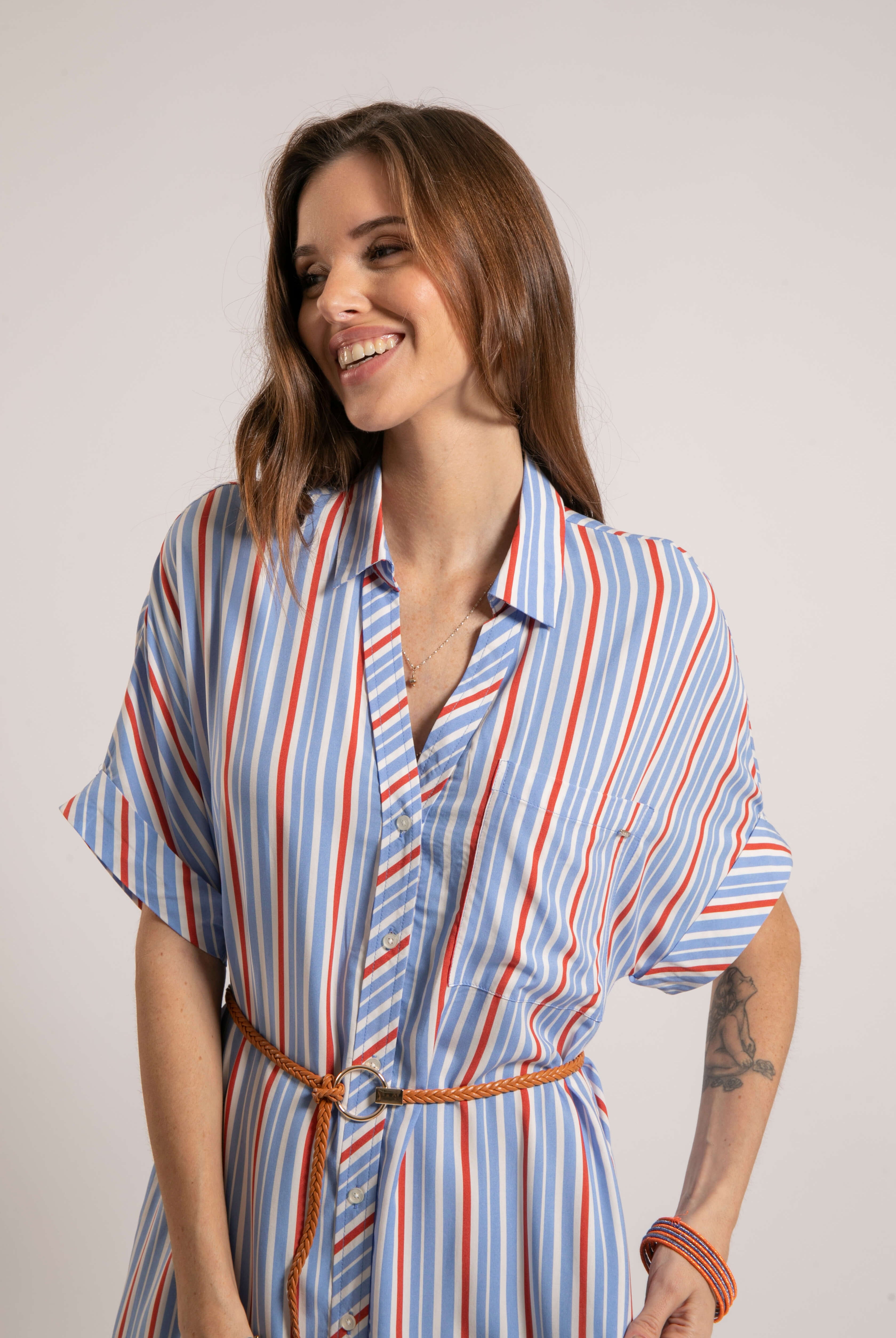 Robe chemise rayée bleu et orange | Elora