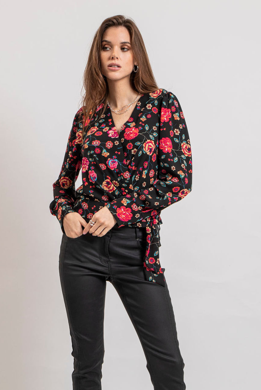 Blouse cache coeur imprimé noir et rose | Elora