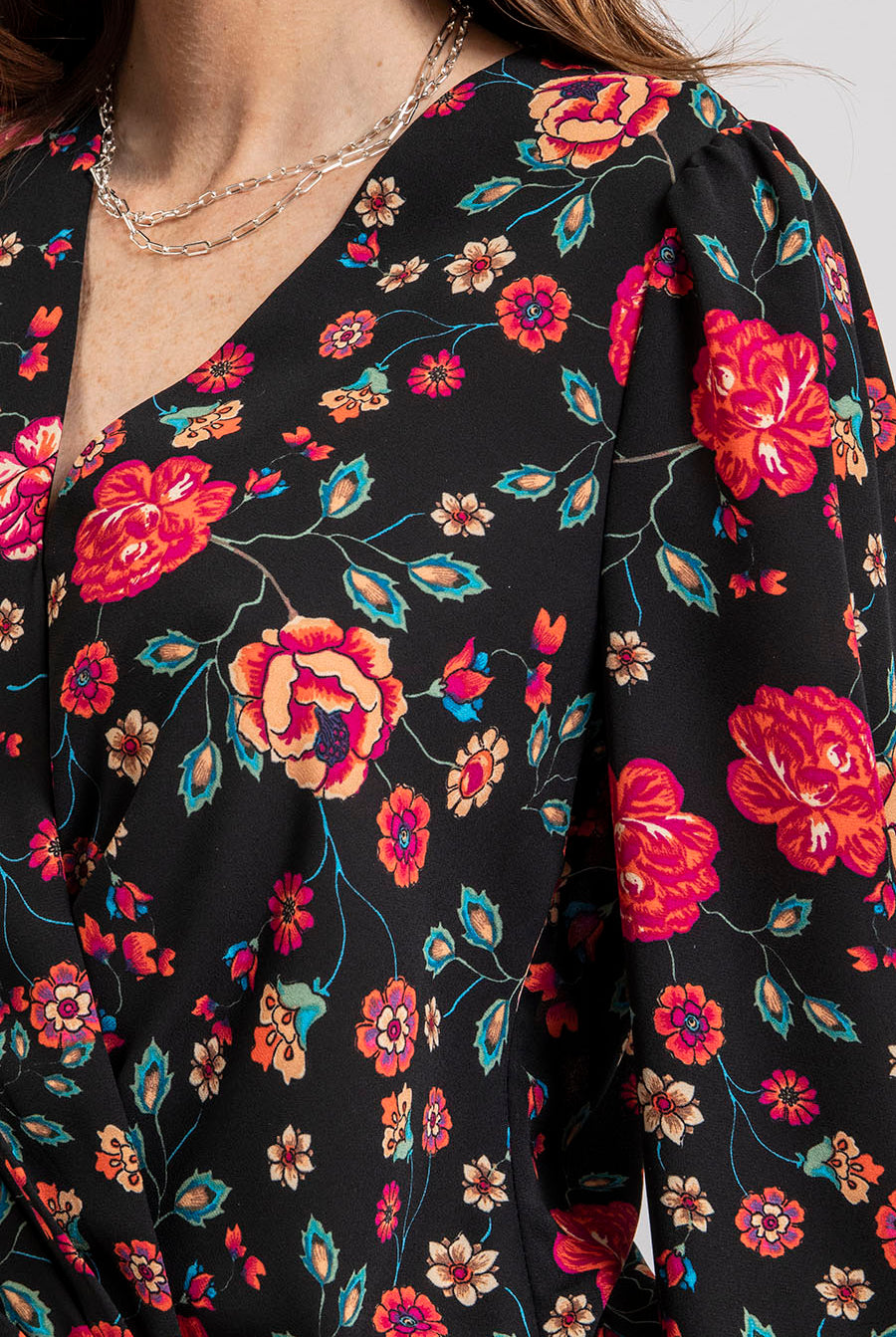 Blouse cache coeur imprimé noir et rose | Elora