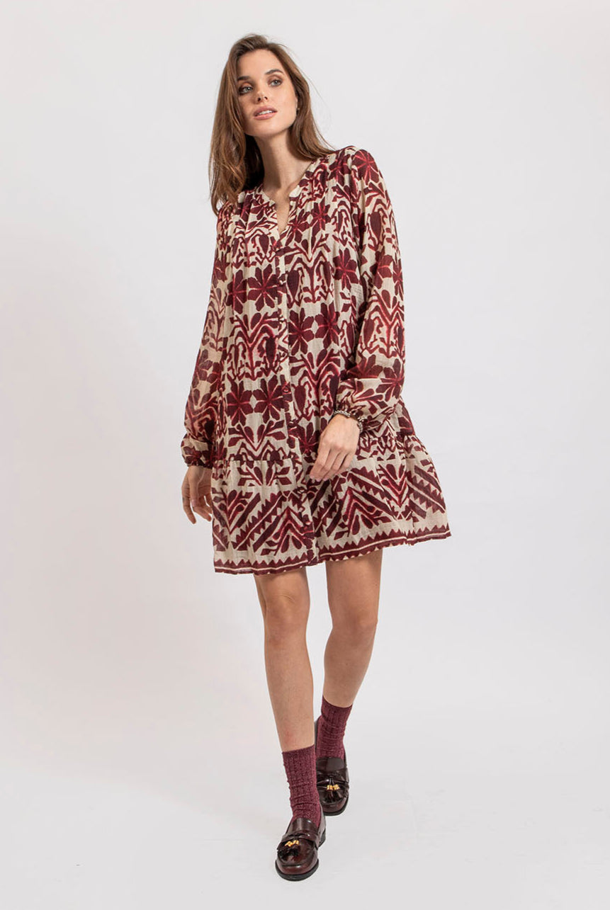 Robe courte imprimé écru et bordeaux | Elora