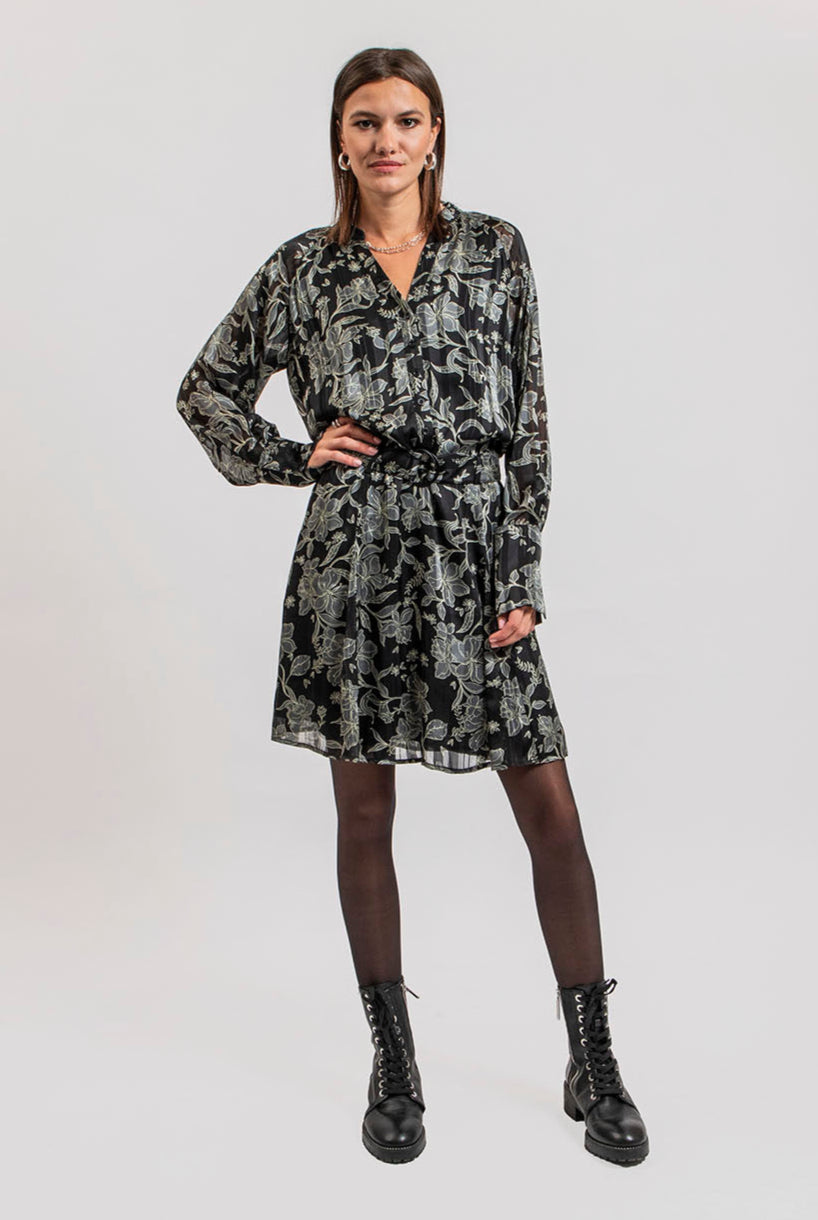 Robe courte imprimé fleurs noir et kaki | Elora