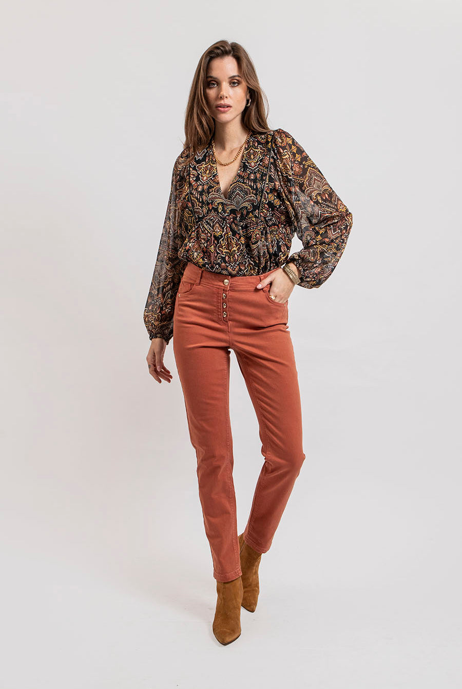 Blouse imprimé noir et rouille | Elora