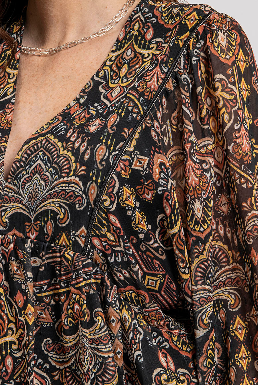 Blouse imprimé noir et rouille | Elora