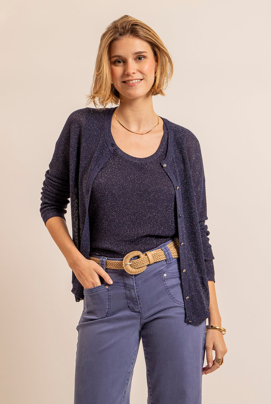 Gilet lurex boutonné navy | Elora