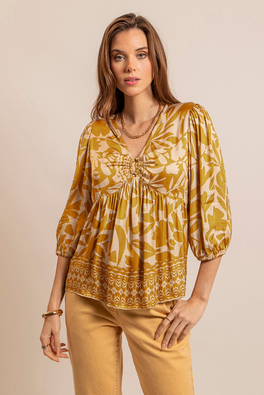 Blouse imprimé écru et ocre | Elora