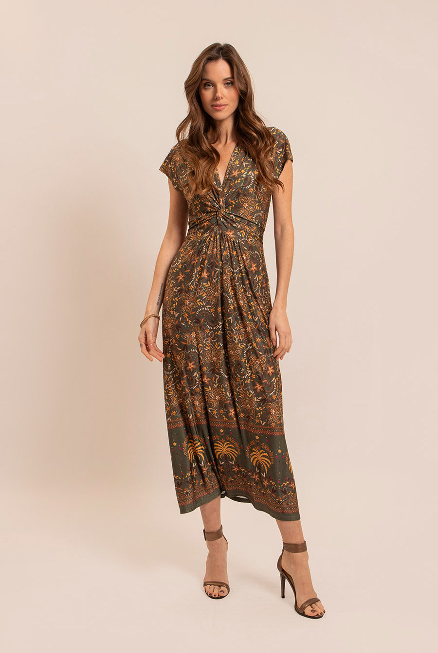 Robe longue infroissable kaki et ocre | Elora