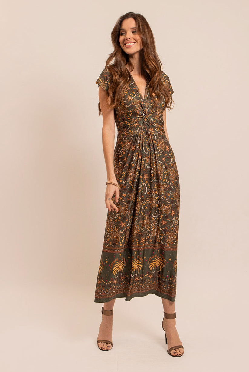 Robe longue infroissable kaki et ocre | Elora