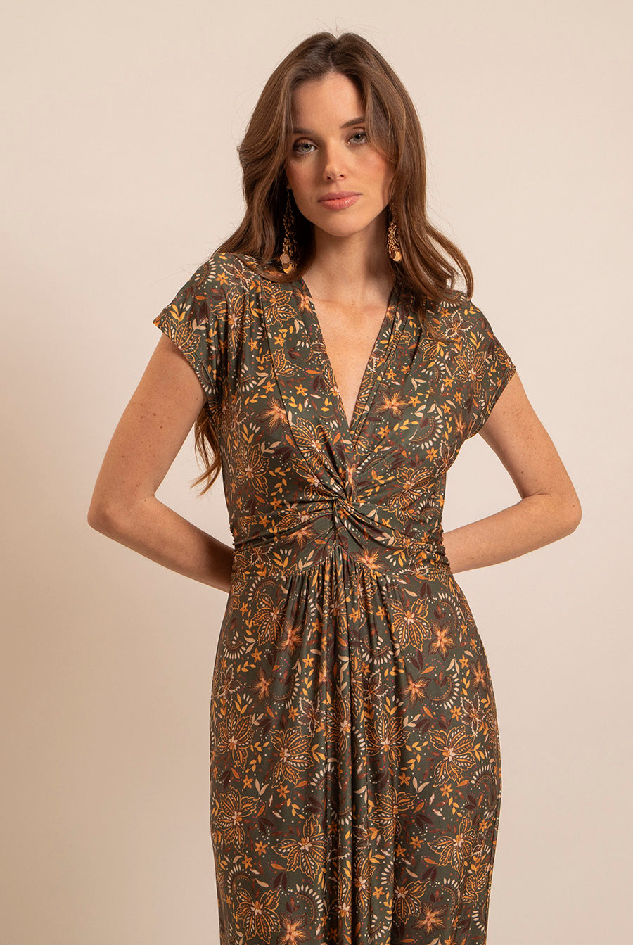 Robe longue infroissable kaki et ocre | Elora