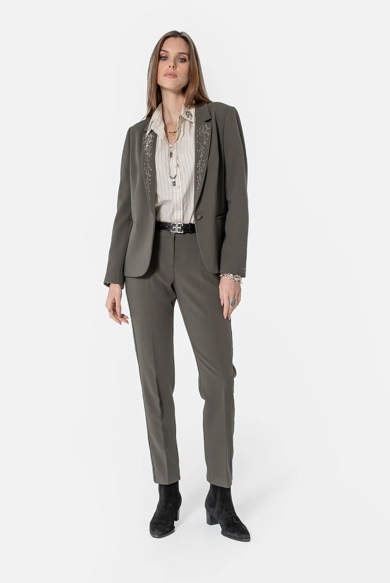 Veste tailleur à strass et clous kaki | Elora