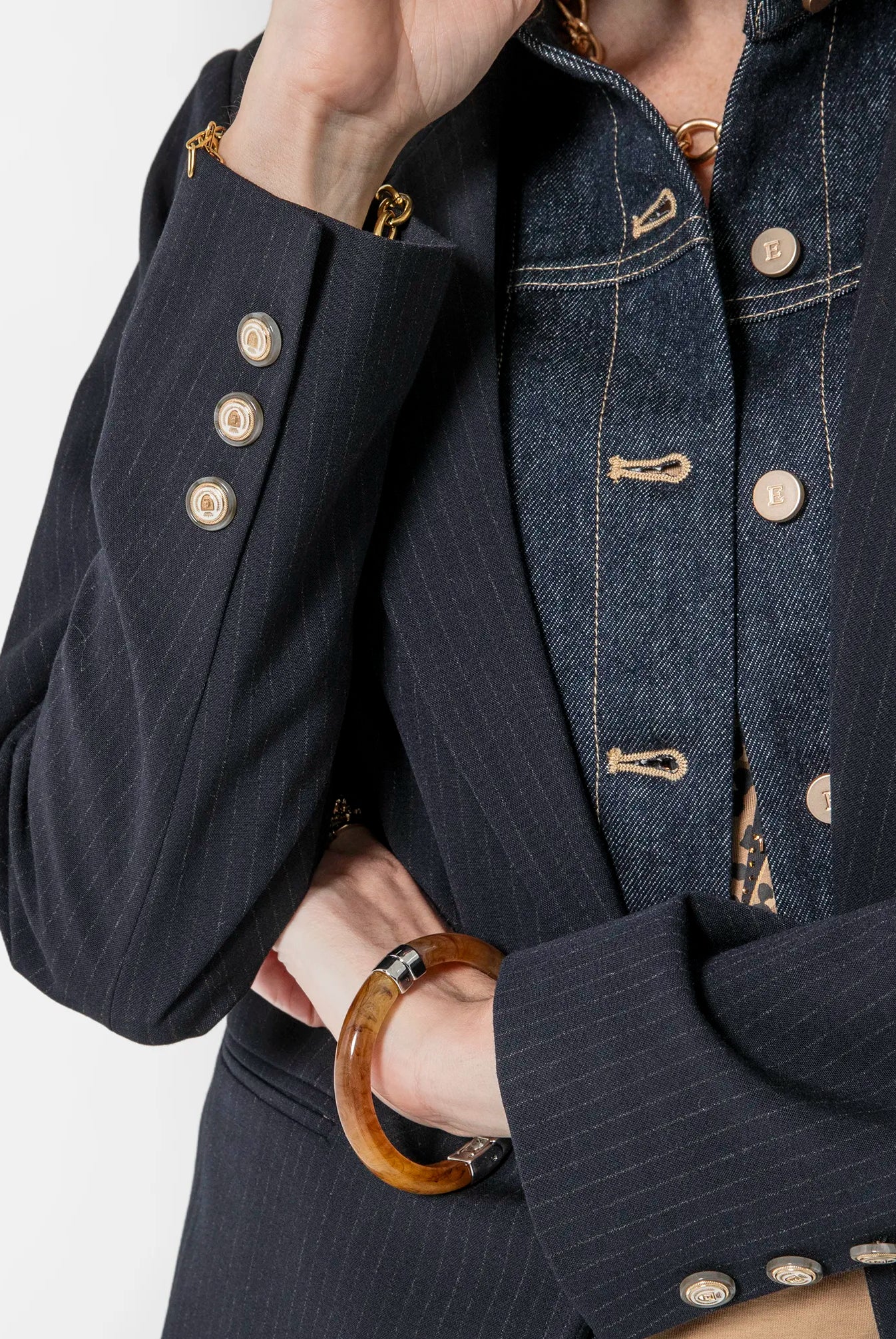 Veste rayé bi matières navy | Elora