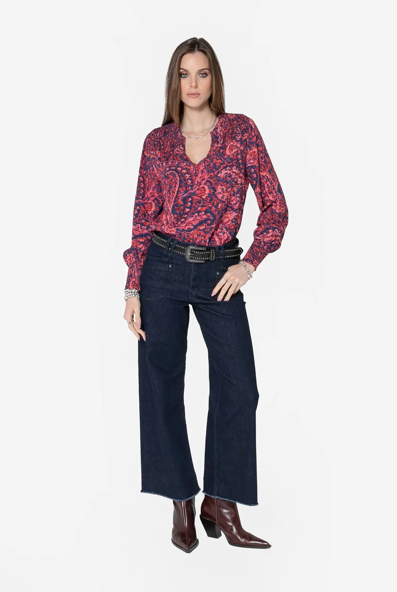Blouse à motif cachemire bleu et rose | Elora