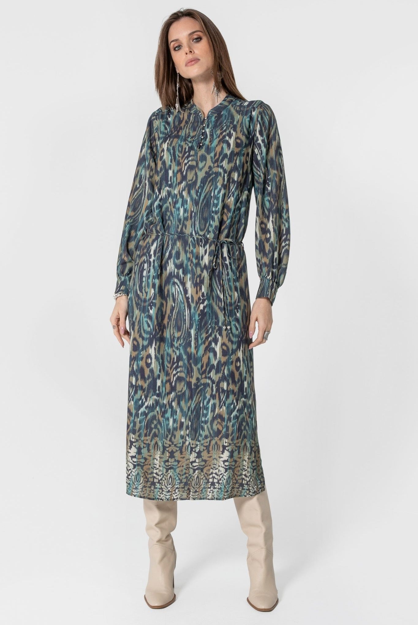 Robe longue imprimé Ikat bleu et kaki | Elora