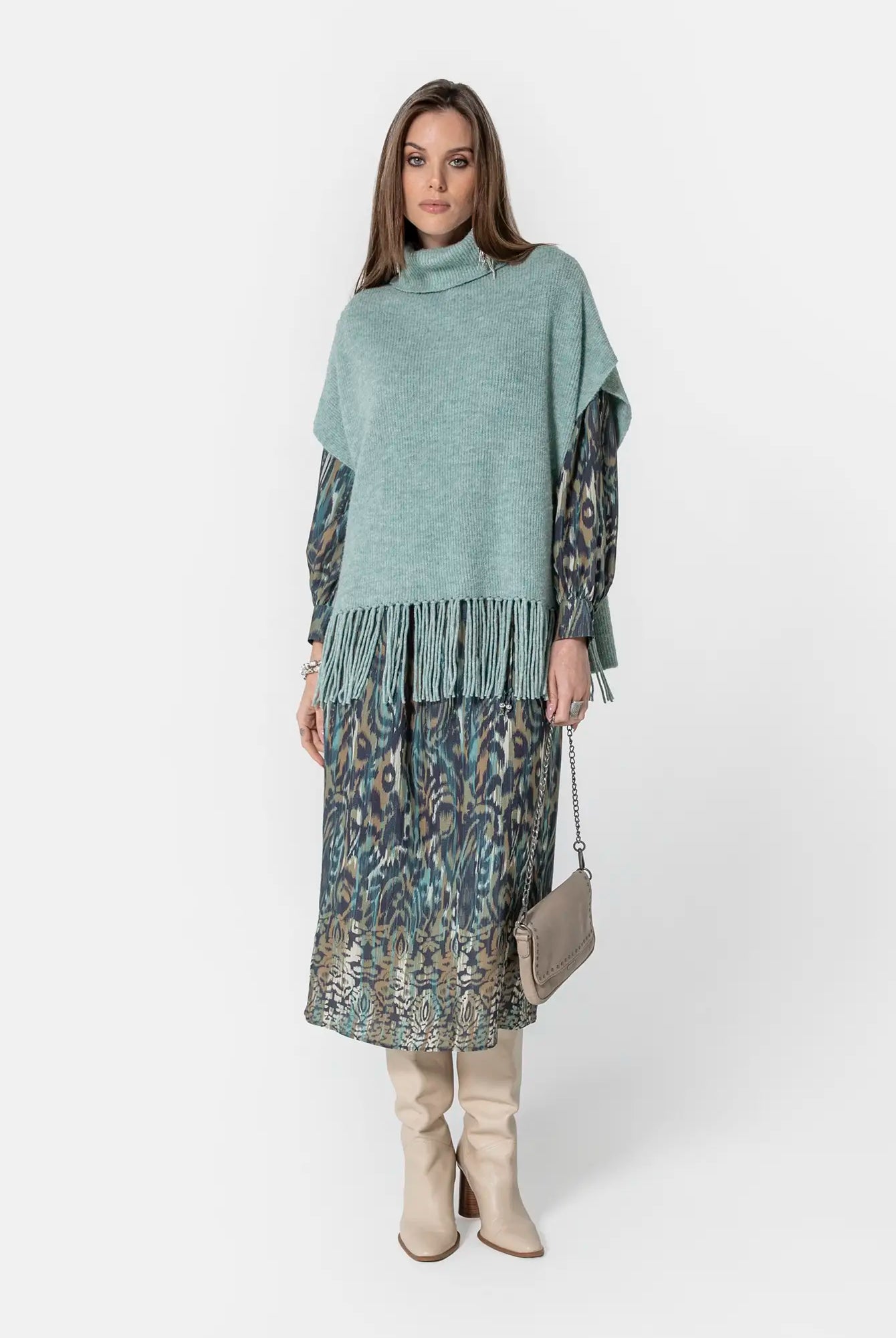 Robe longue imprimé Ikat bleu et kaki | Elora