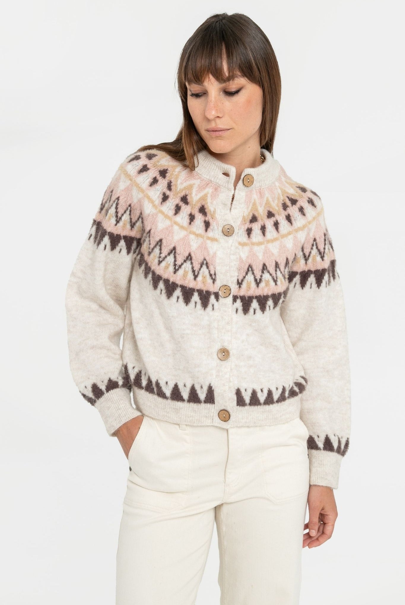 Gilet inspiration norvégienne beige et rose | Elora