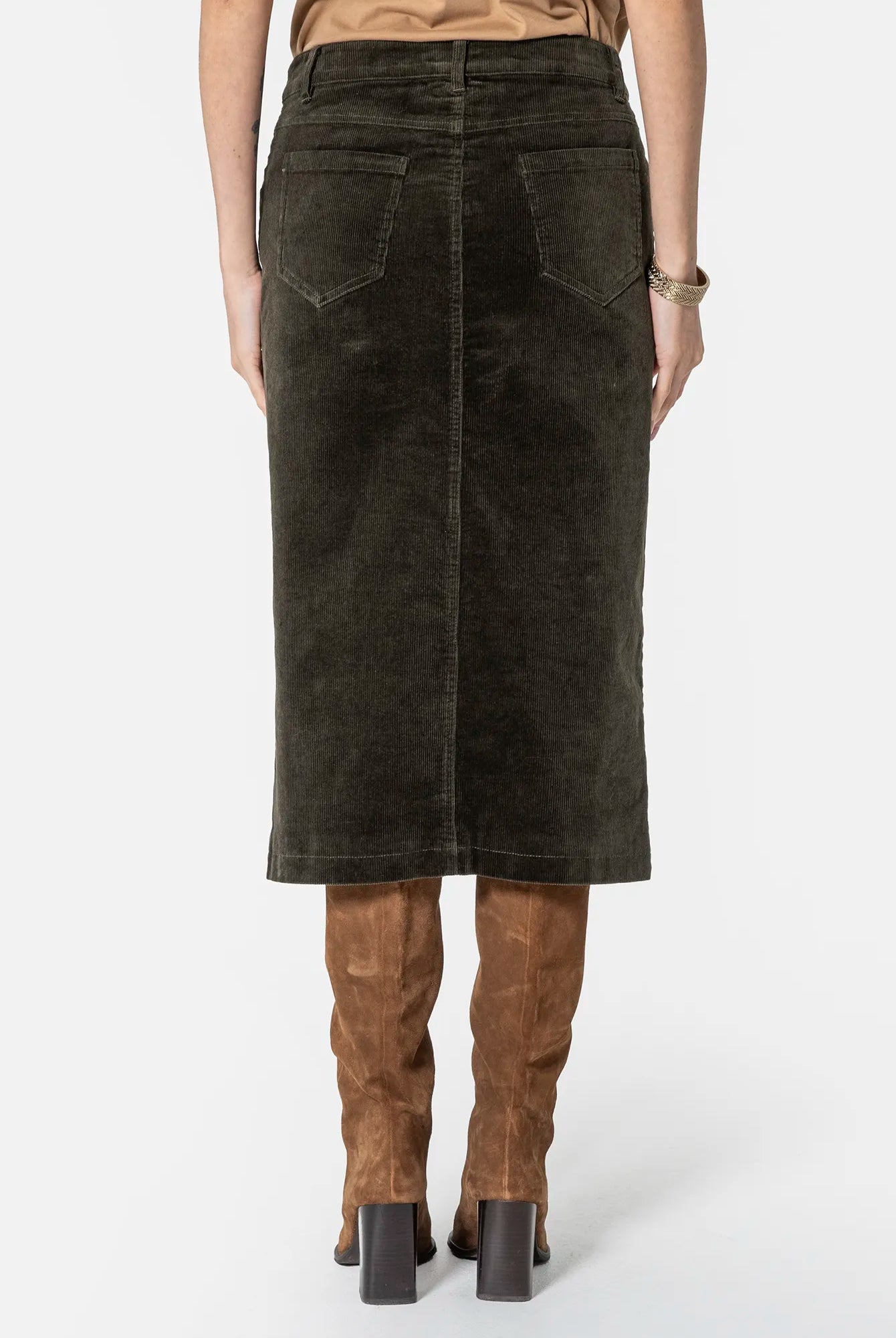 Jupe midi en velours kaki | Elora