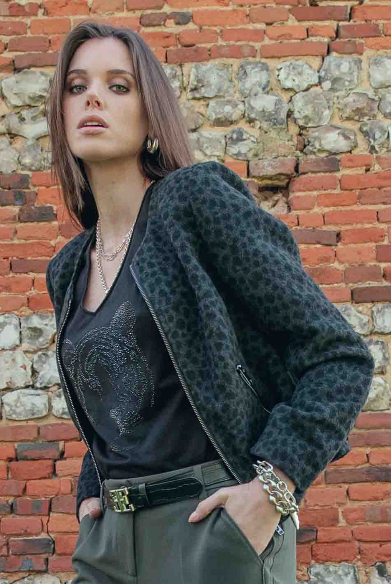 Veste inspiration couture imprimé léopard noir et gris | Elora