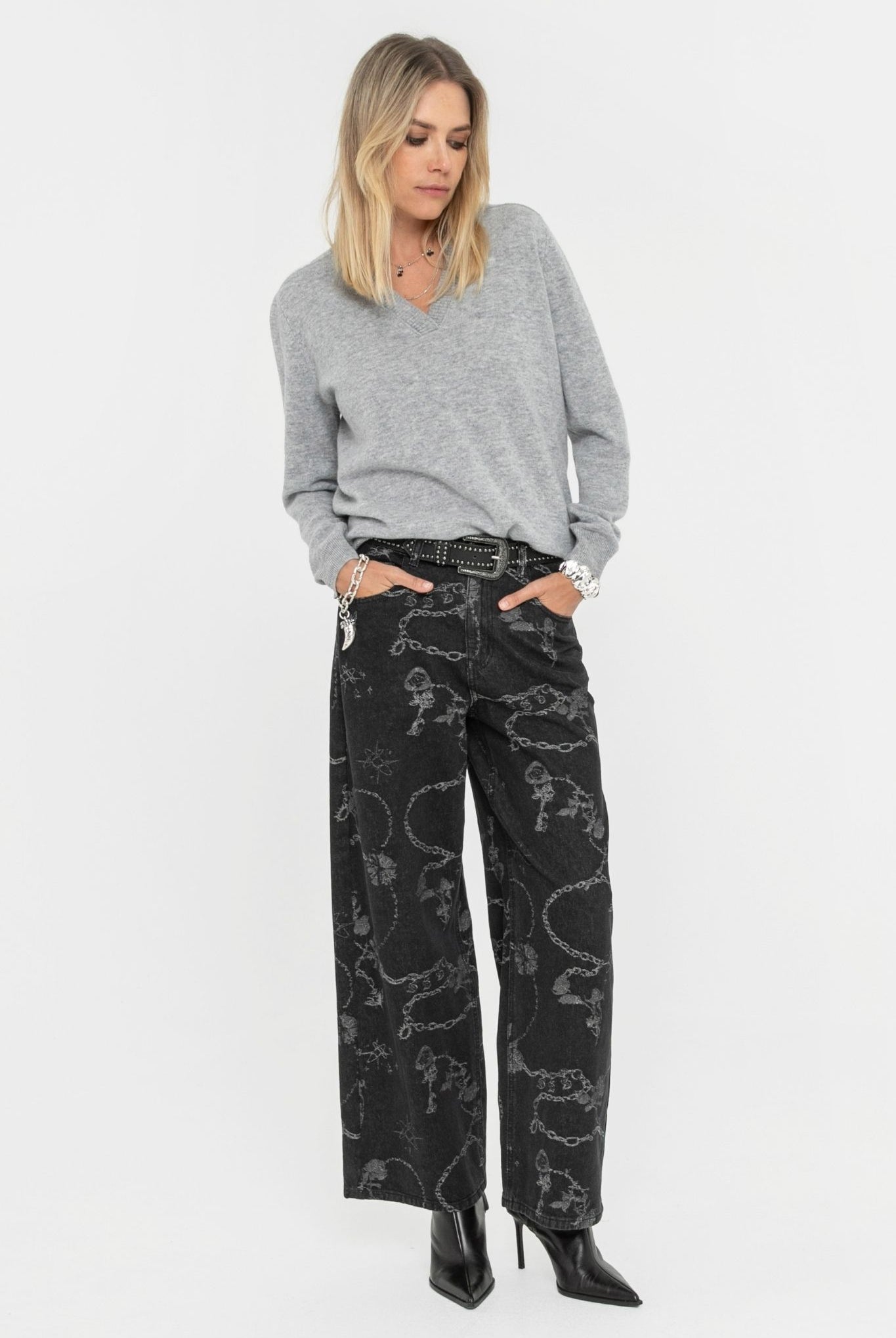 Jean large à motifs noir | Elora