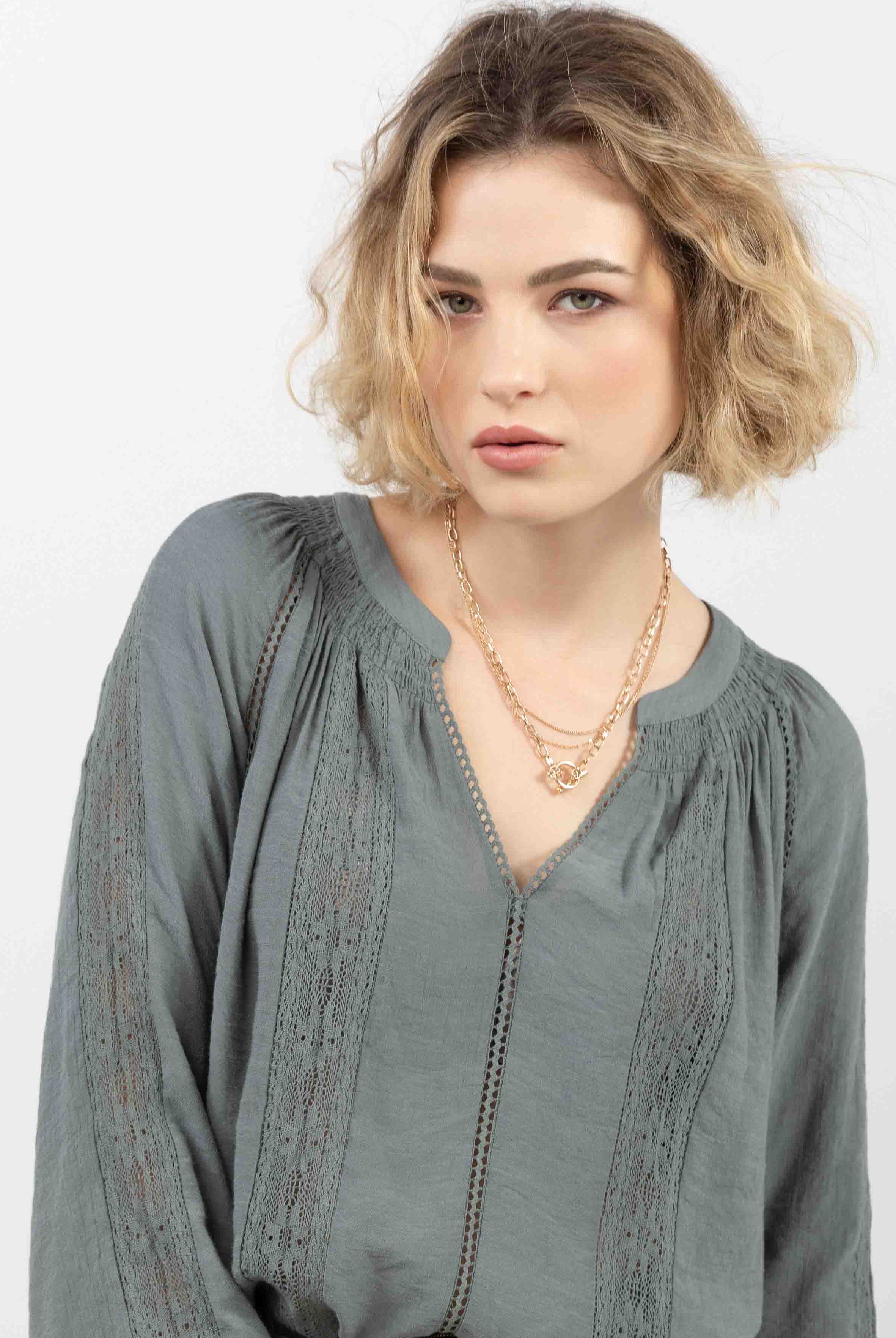 Blouse kaki bohème dentelle fluide | Elora