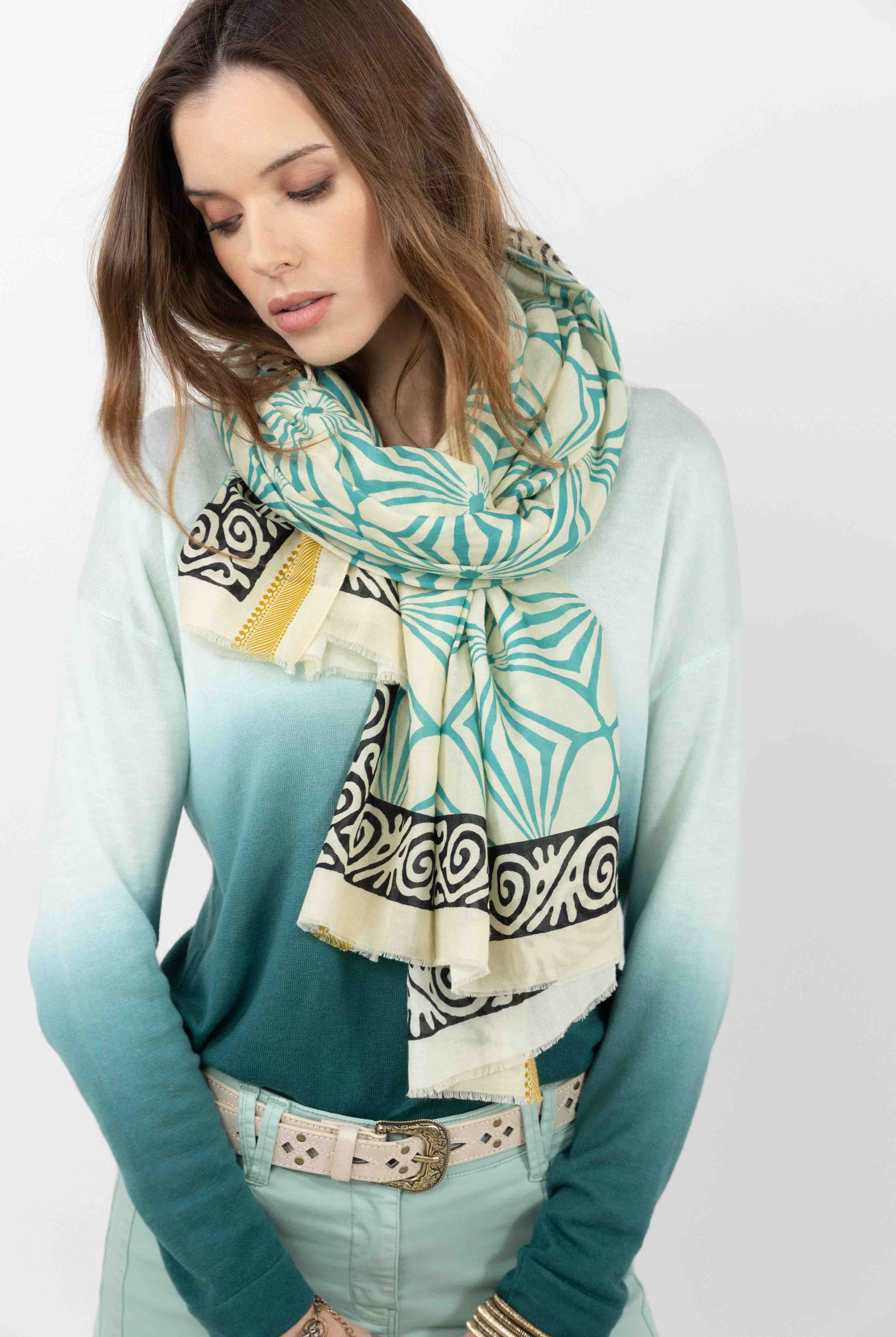 Chèche noir menthe imprimé graphique | Elora