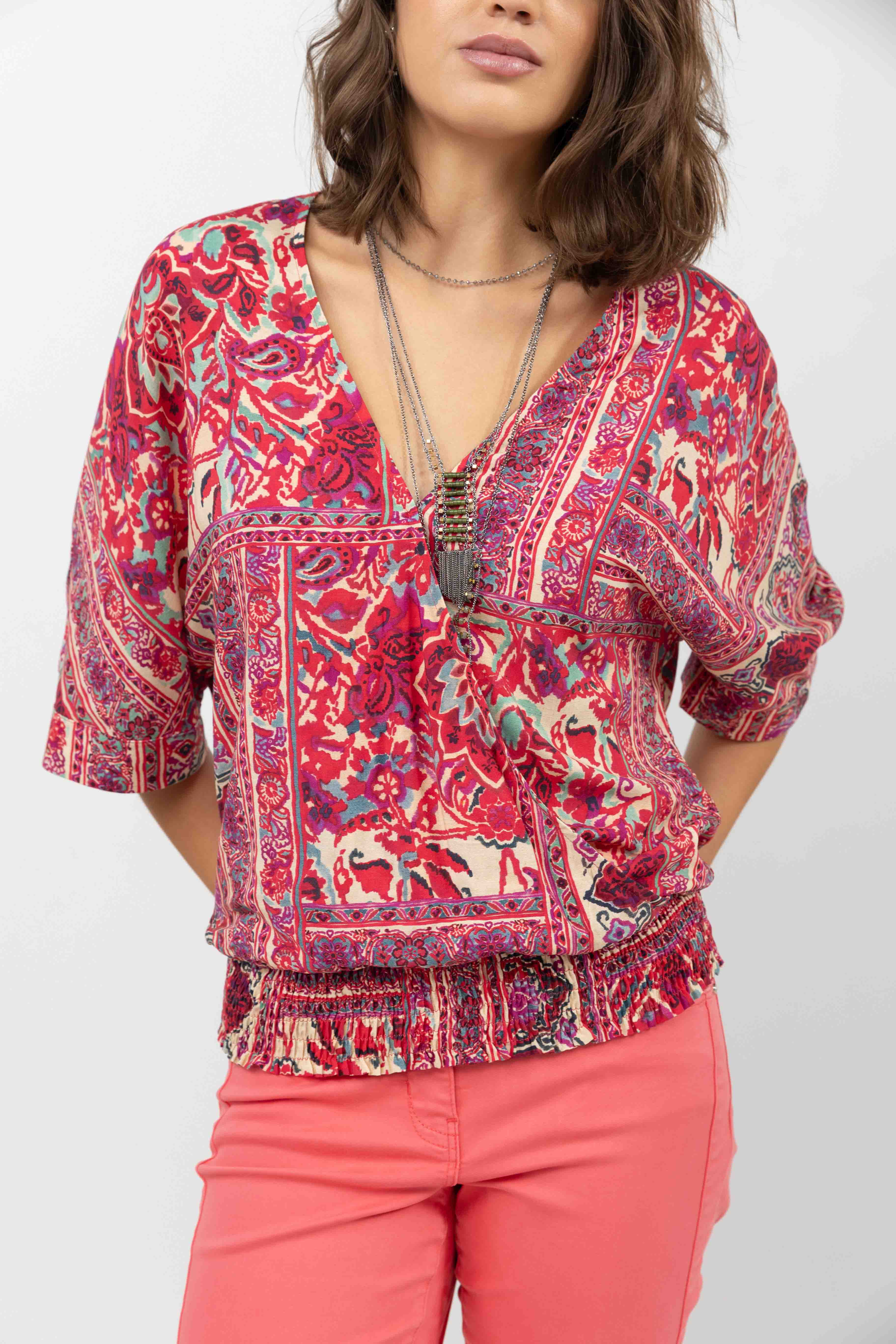 Blouse imprimée rouge rose orientale | Elora