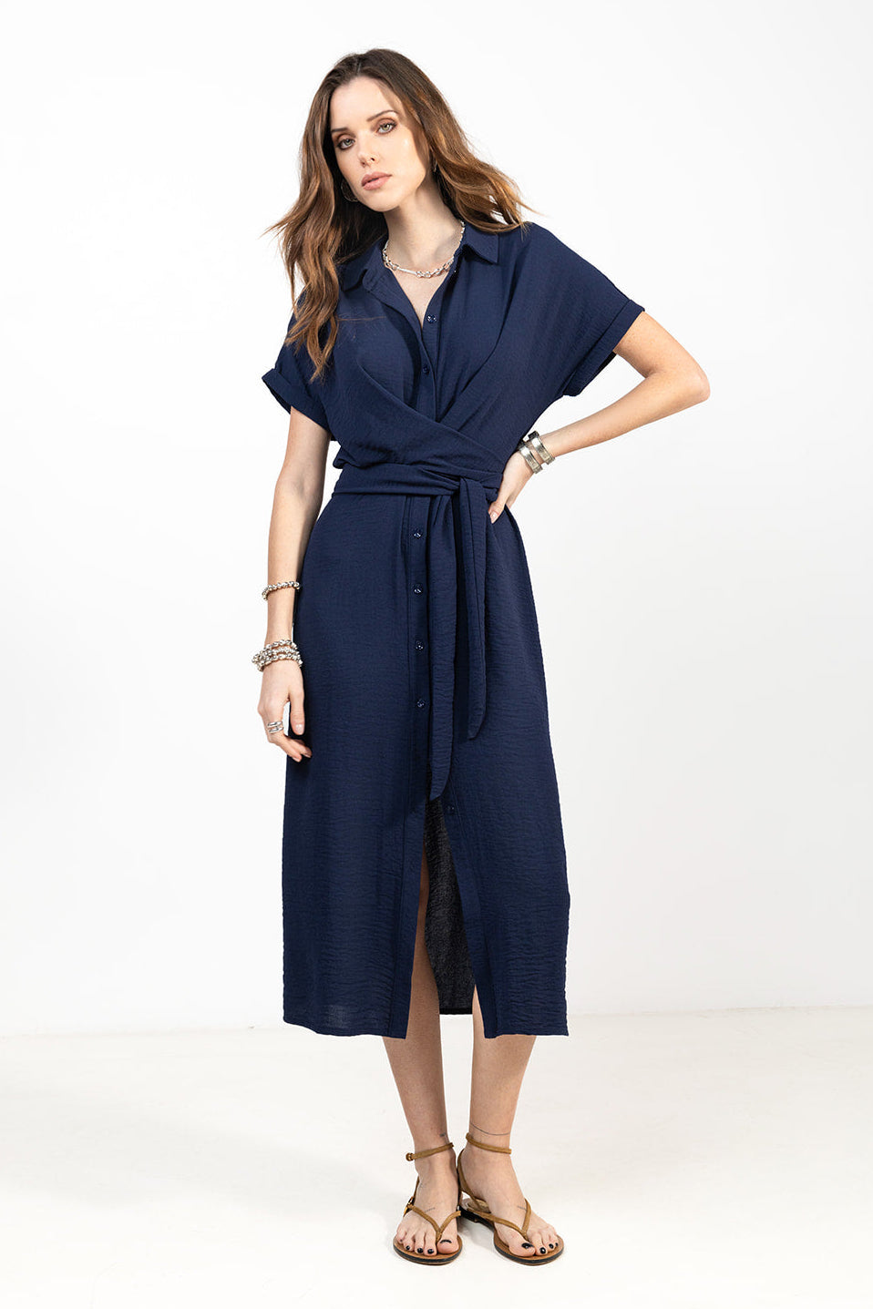 Robe marine fluide esprit chemise | Elora