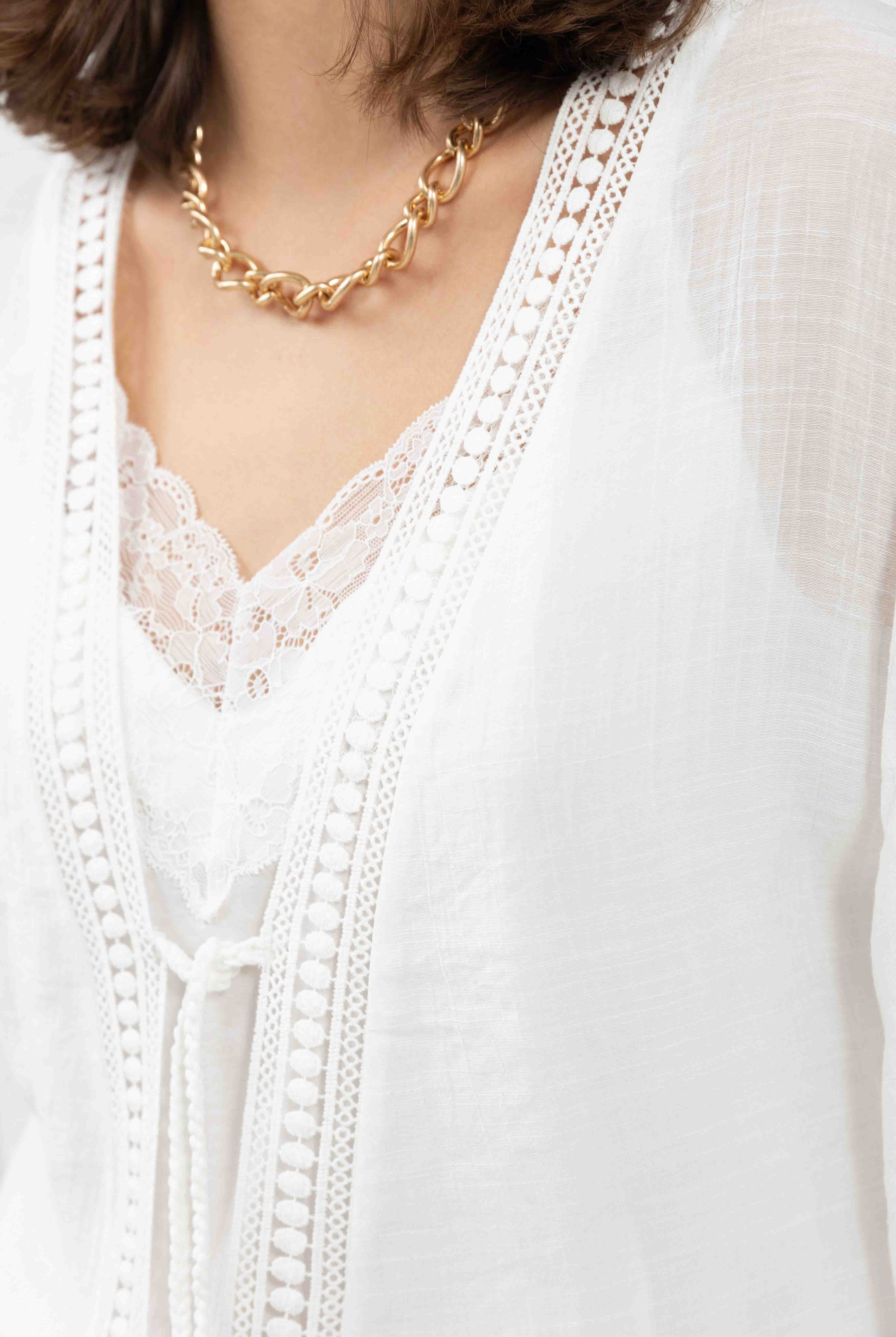 Poncho kimono écru bohème avec dentelle | Elora