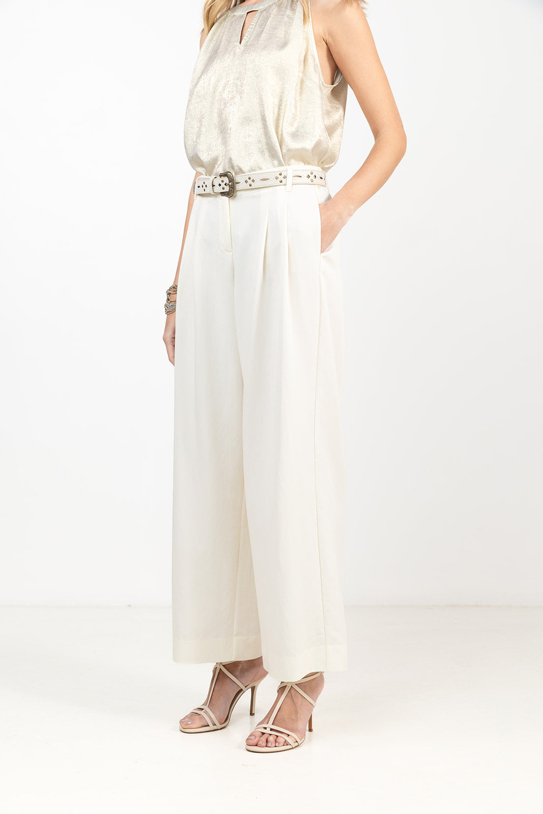 Pantalon écru large fluide élégant| Elora