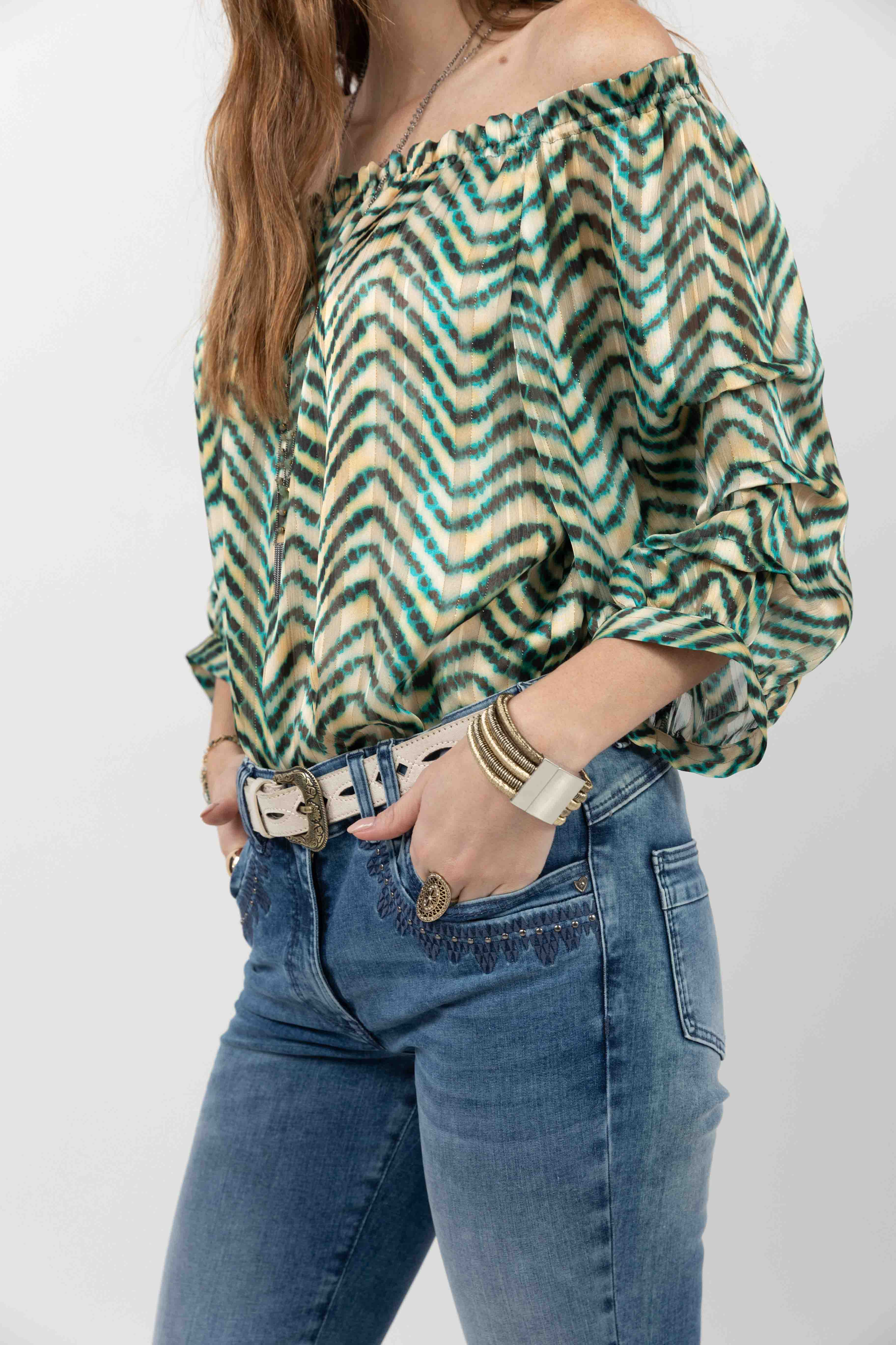 Blouse rayée verte col Bardot | Elora