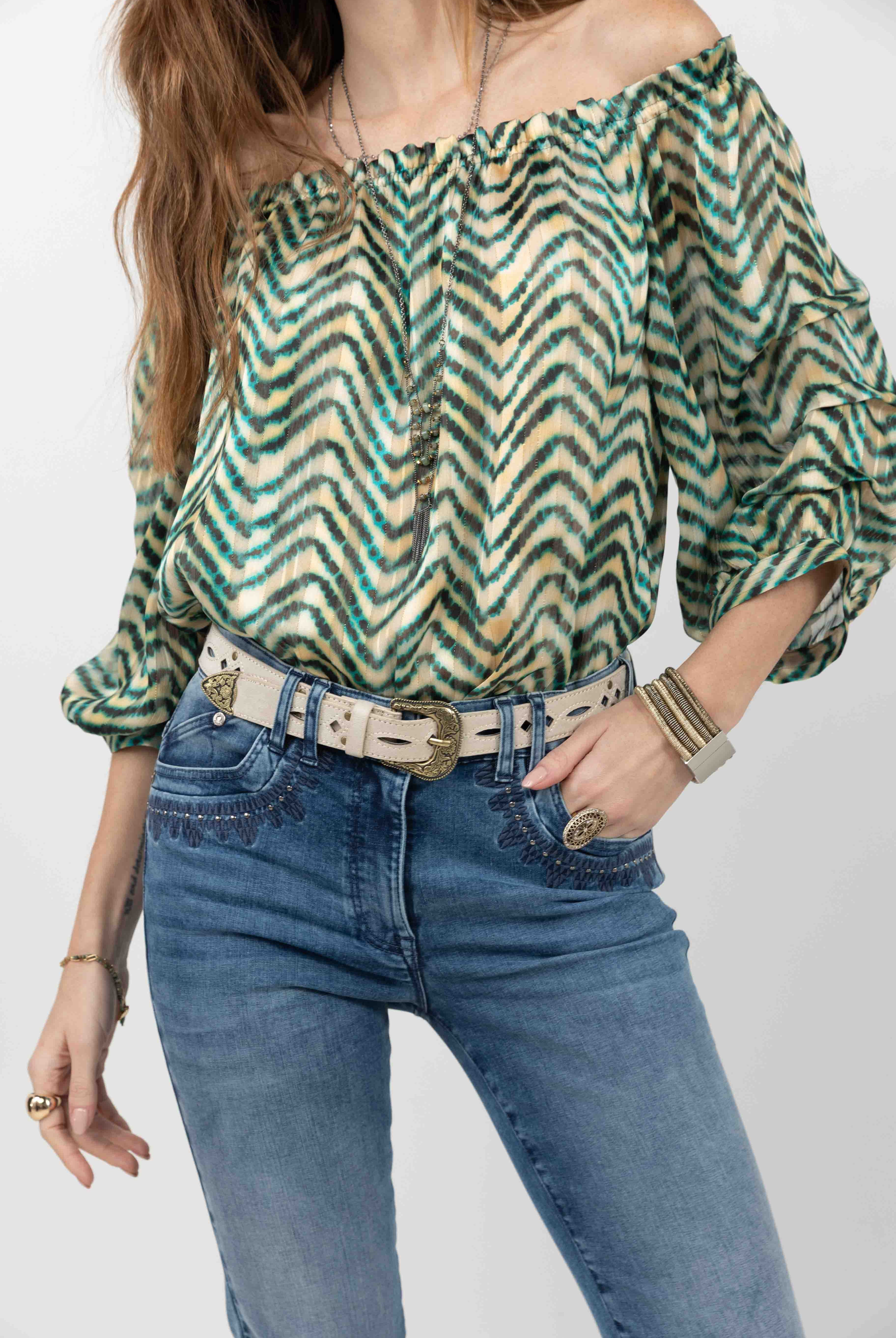 Blouse rayée verte col Bardot | Elora