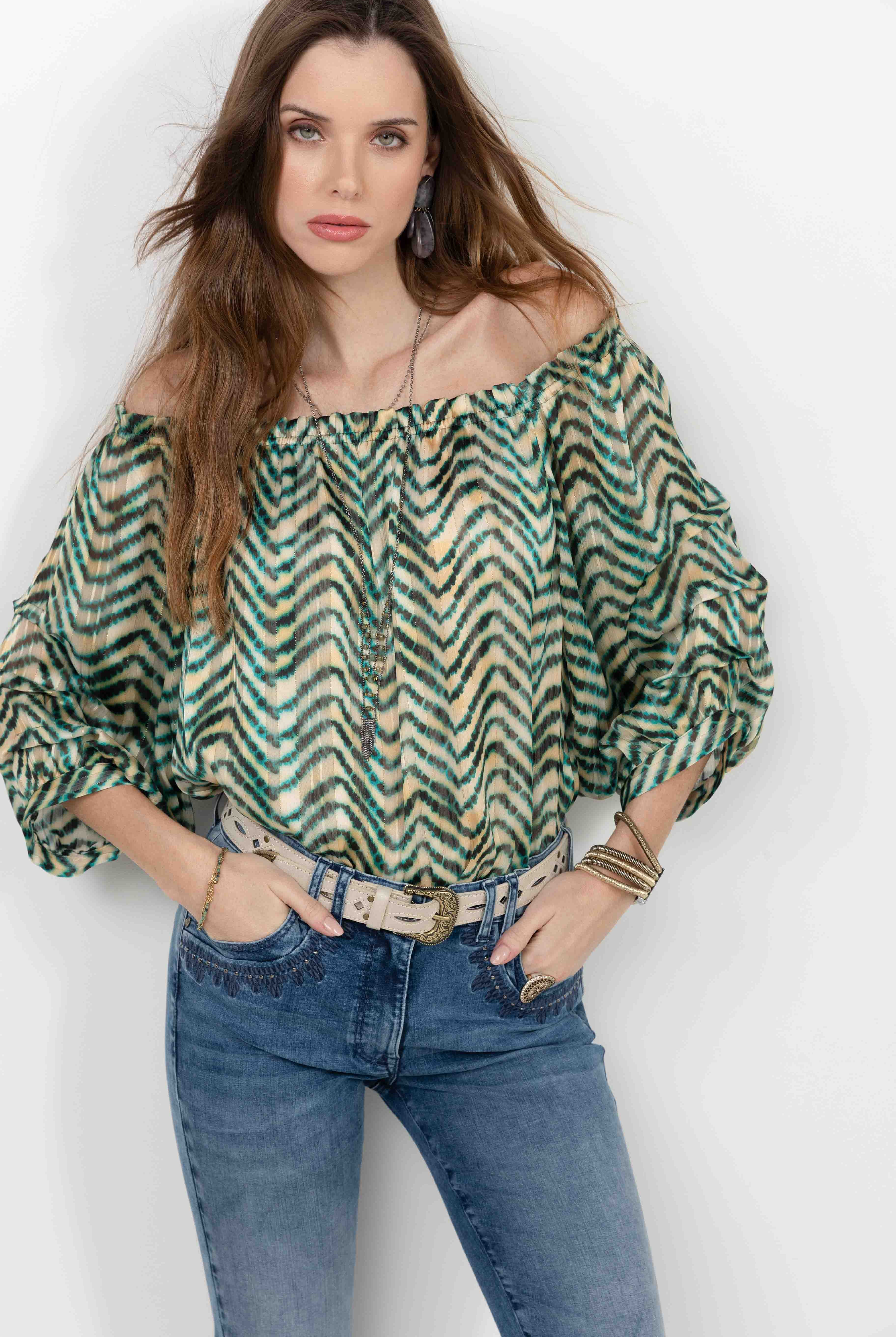 Blouse rayée verte col Bardot | Elora