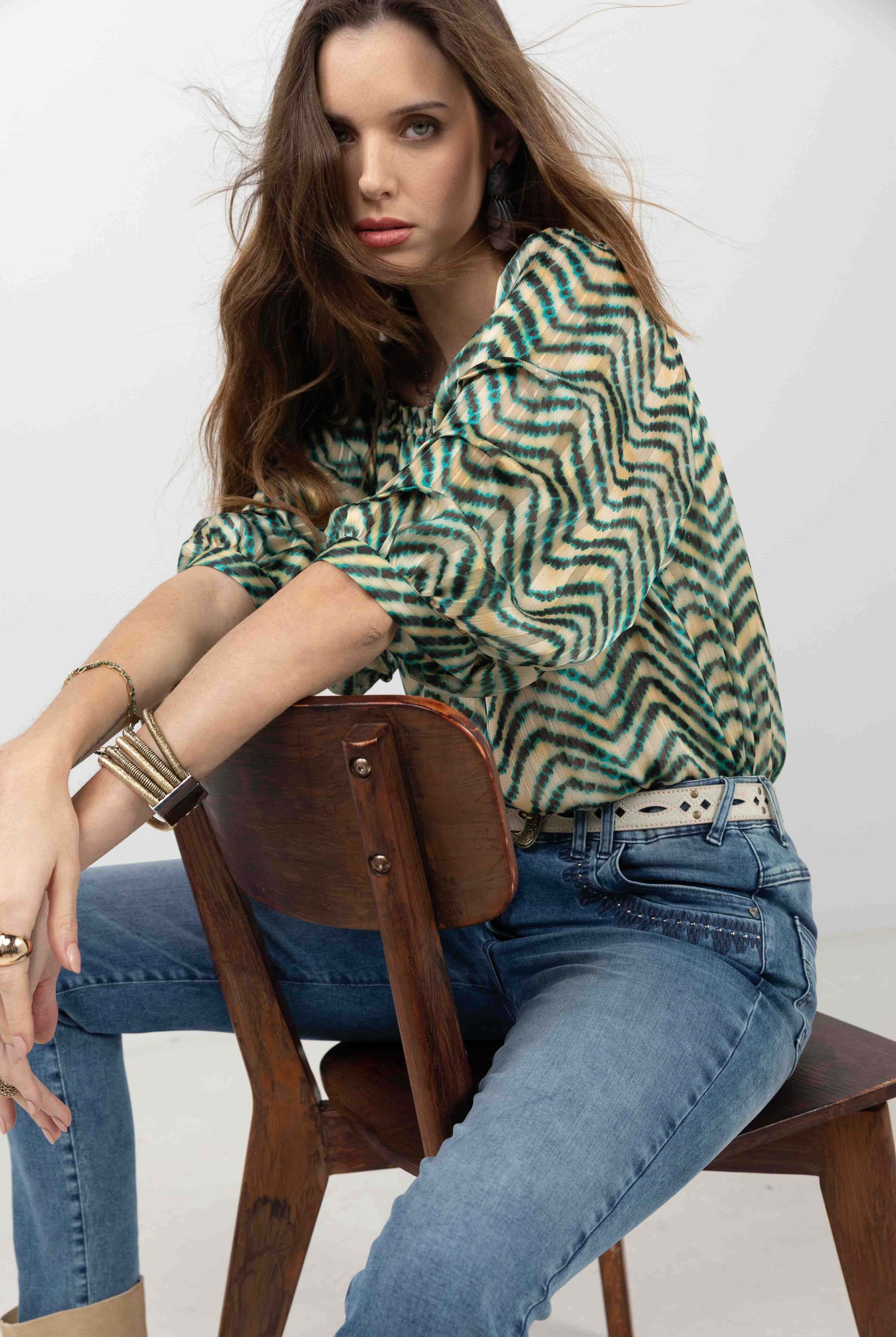 Blouse rayée verte col Bardot | Elora