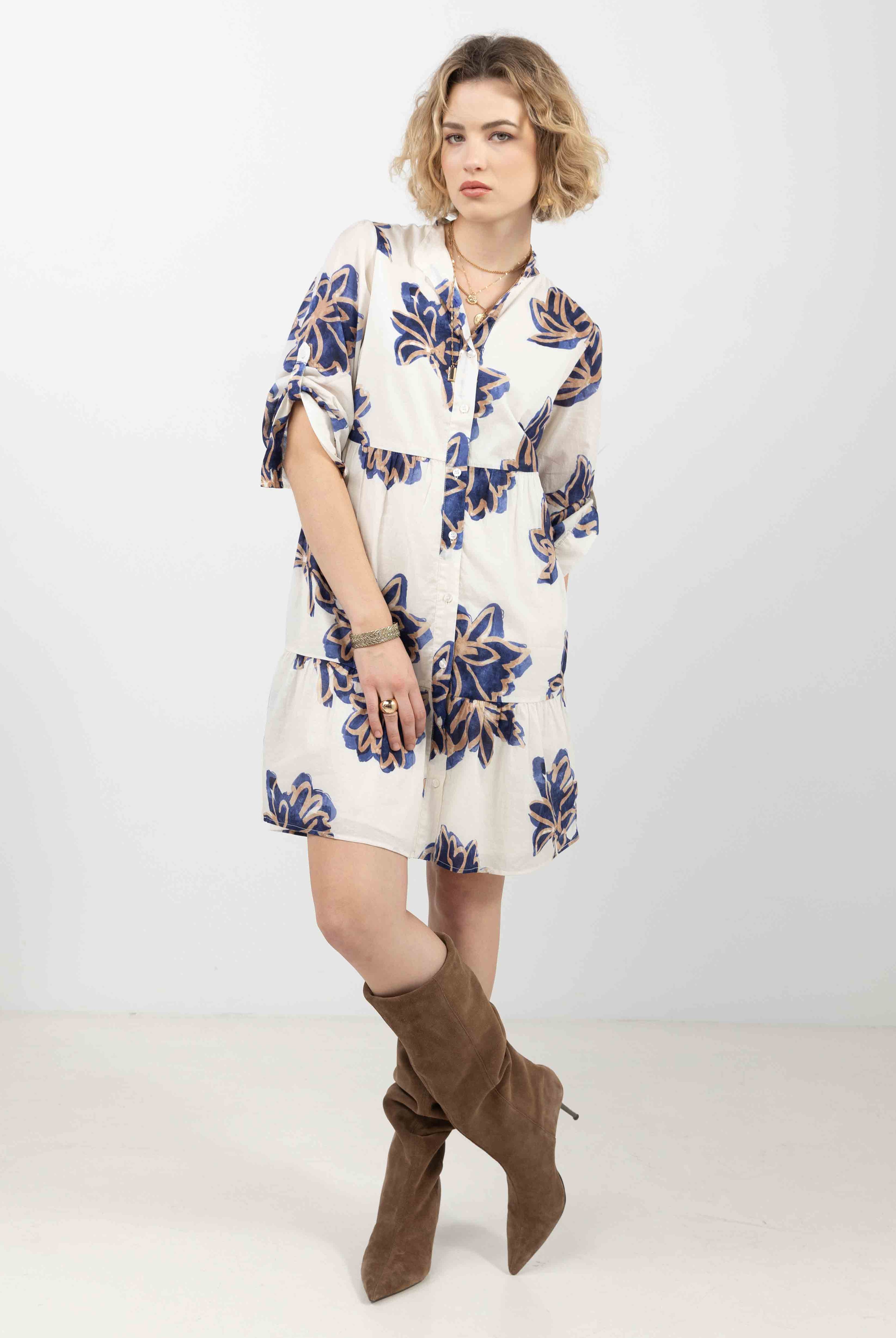 Robe chemise fleurie écru bleu | Elora