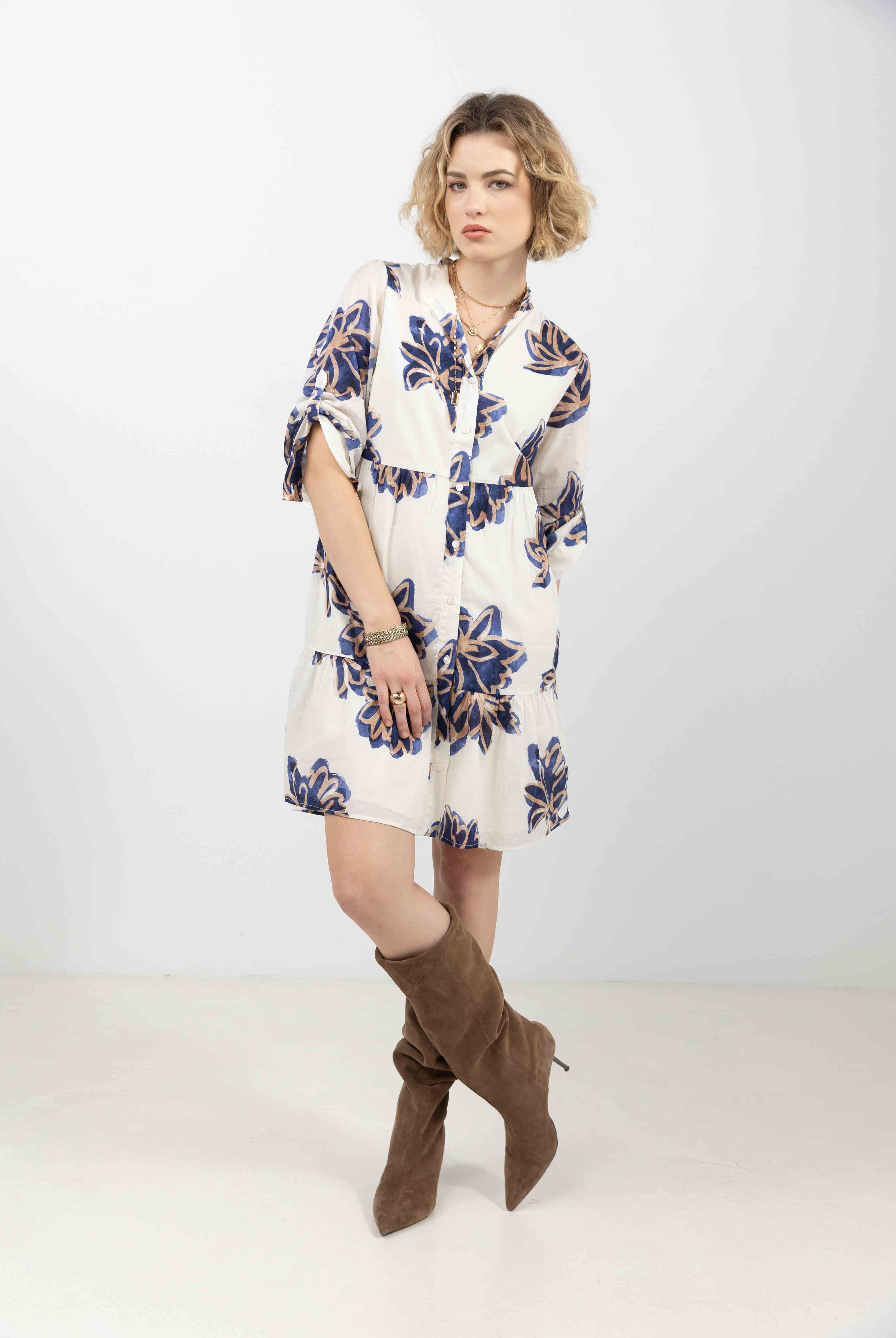 Robe chemise fleurie écru bleu | Elora
