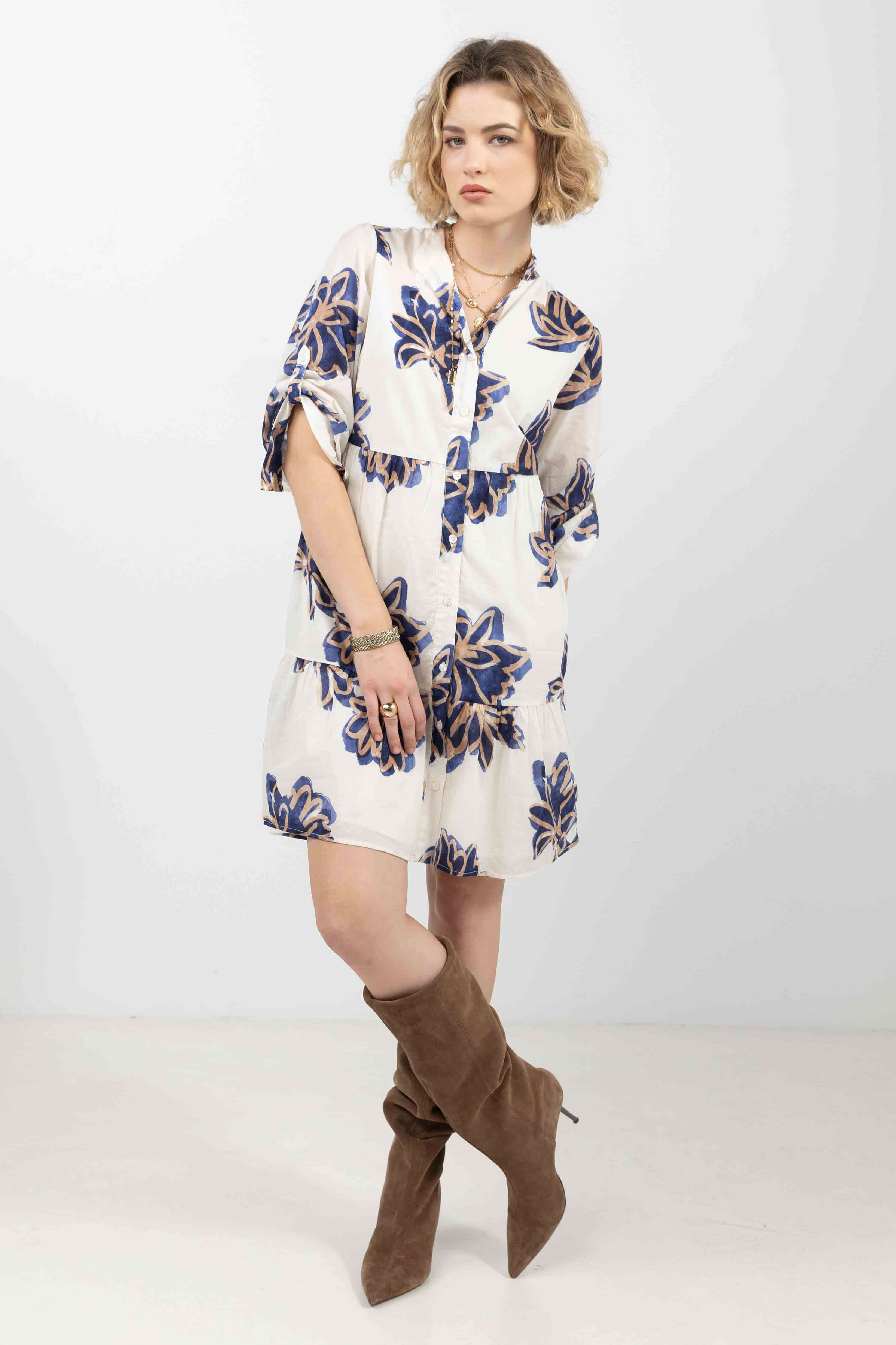 Robe chemise fleurie écru bleu | Elora