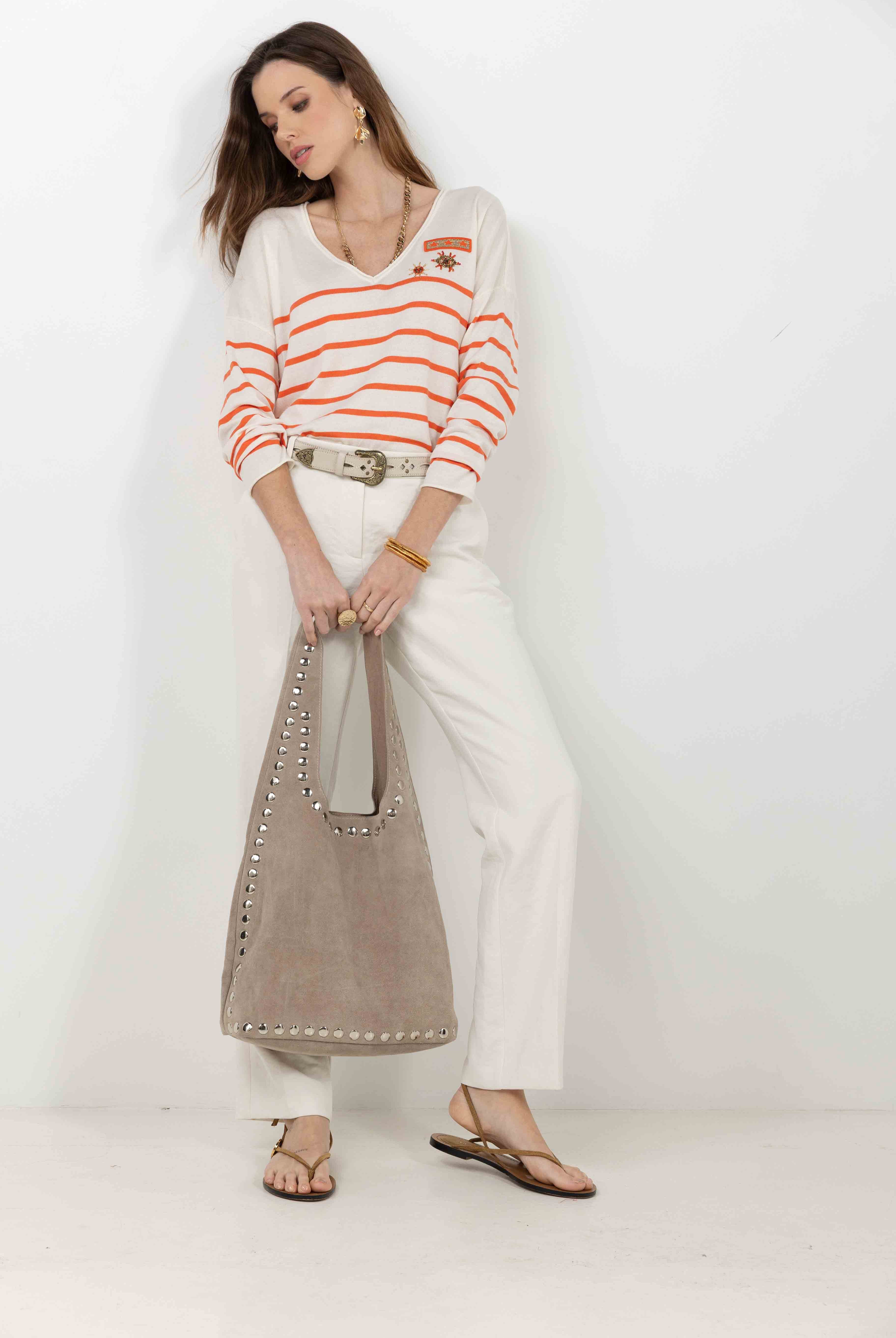 Pull marinière écru orange brodé | Elora