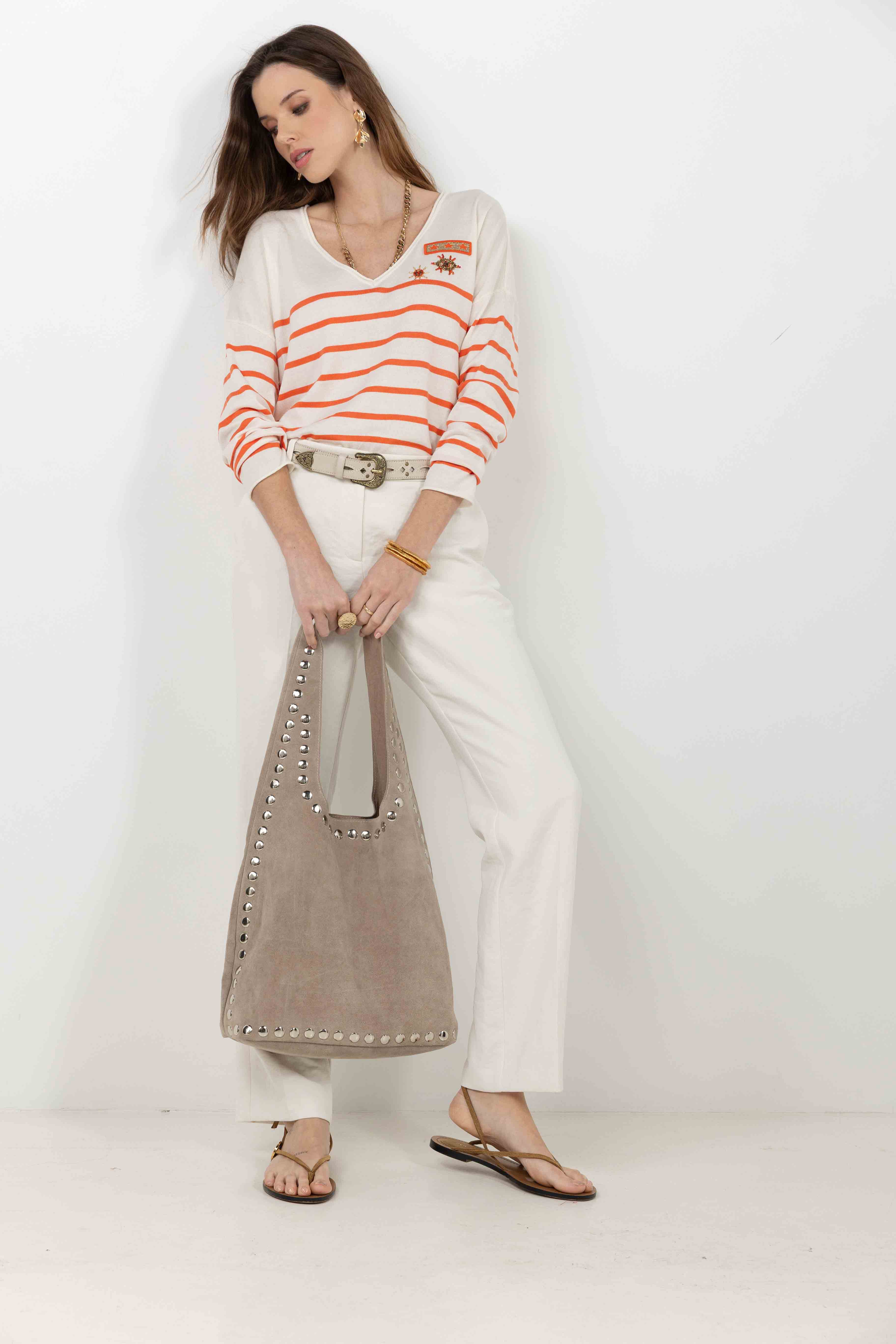 Pull marinière écru orange brodé | Elora