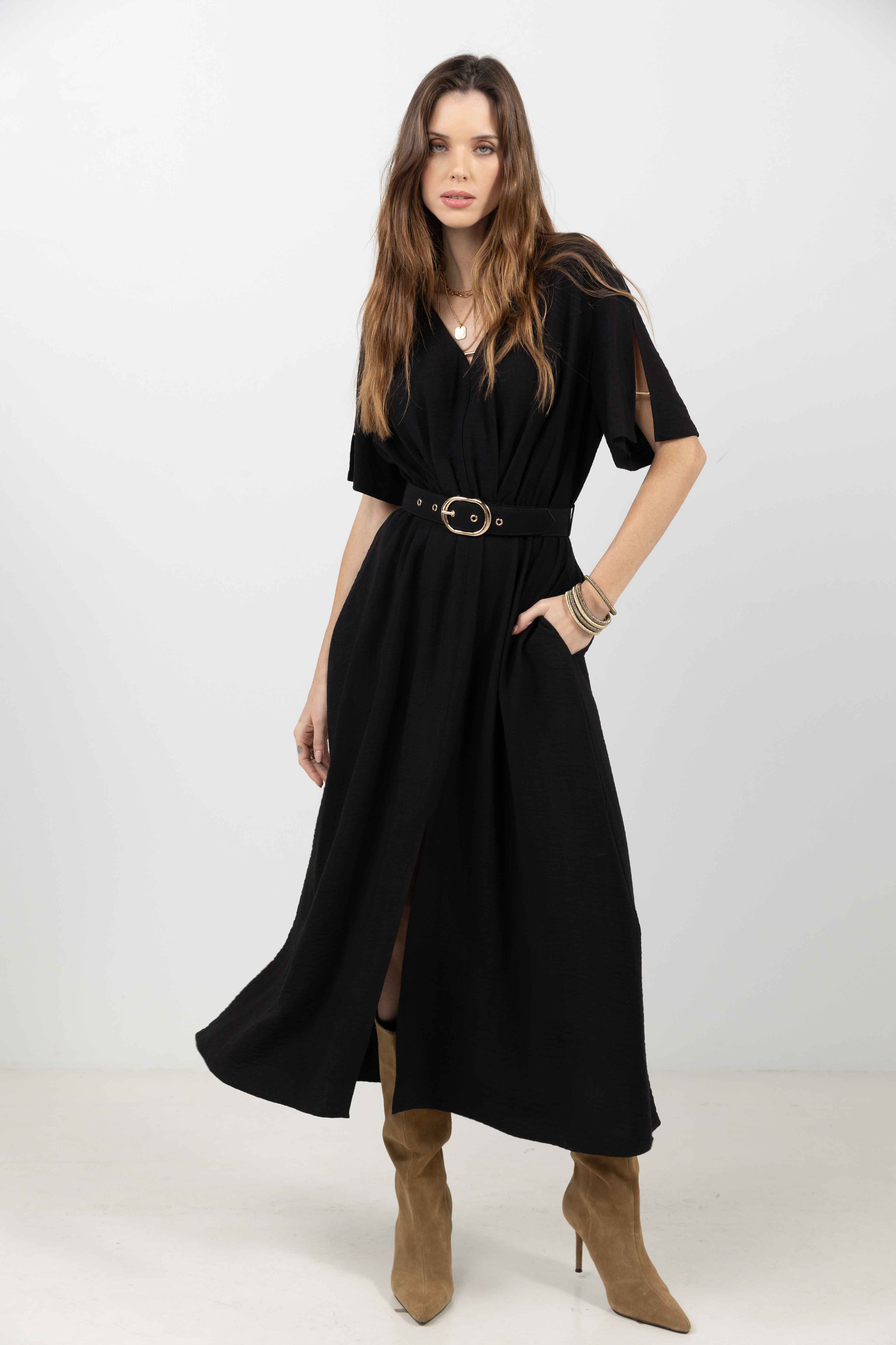 Robe longue noire élégante ceinturée | Elora