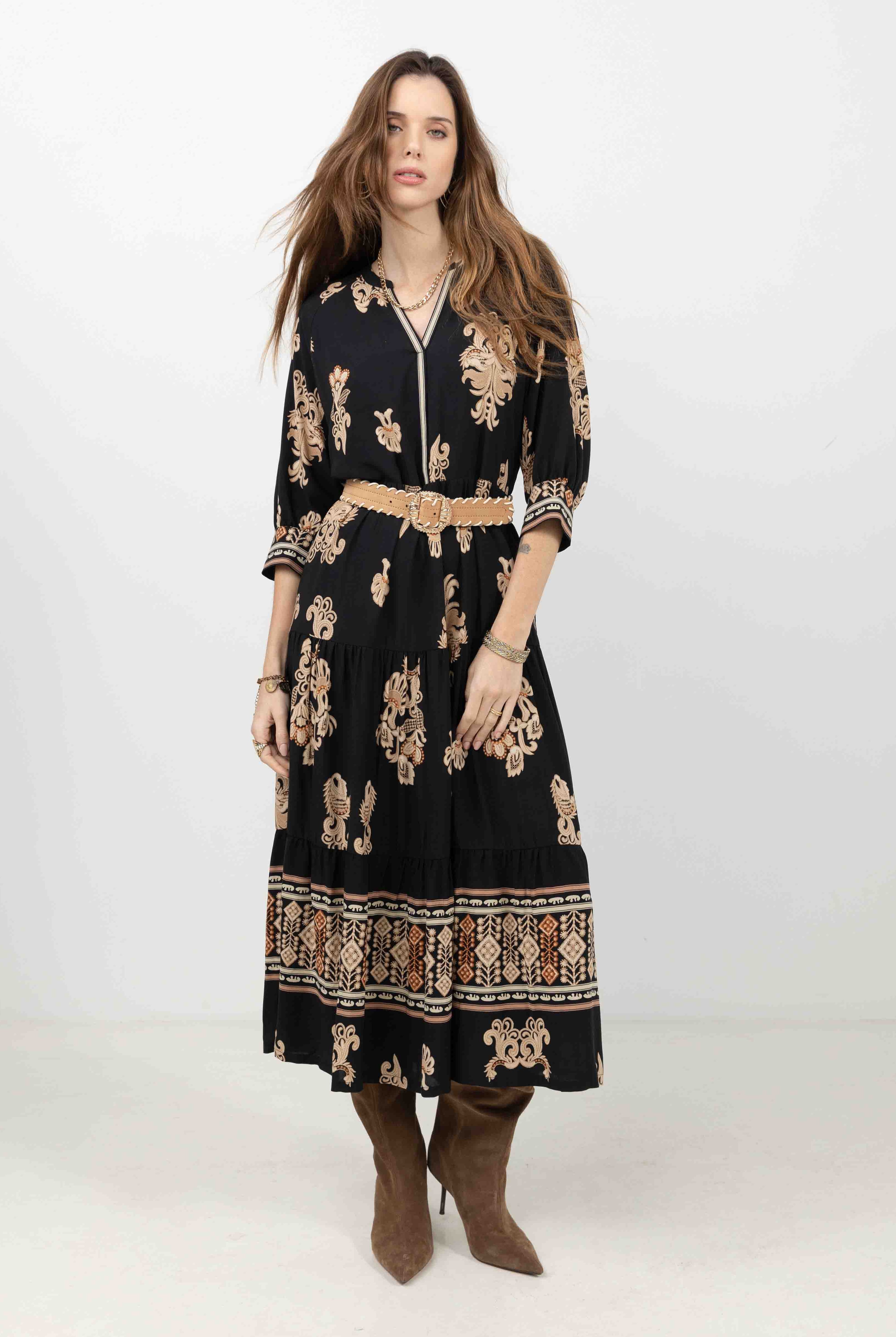 Robe longue bohème imprimé noir beige | Elora