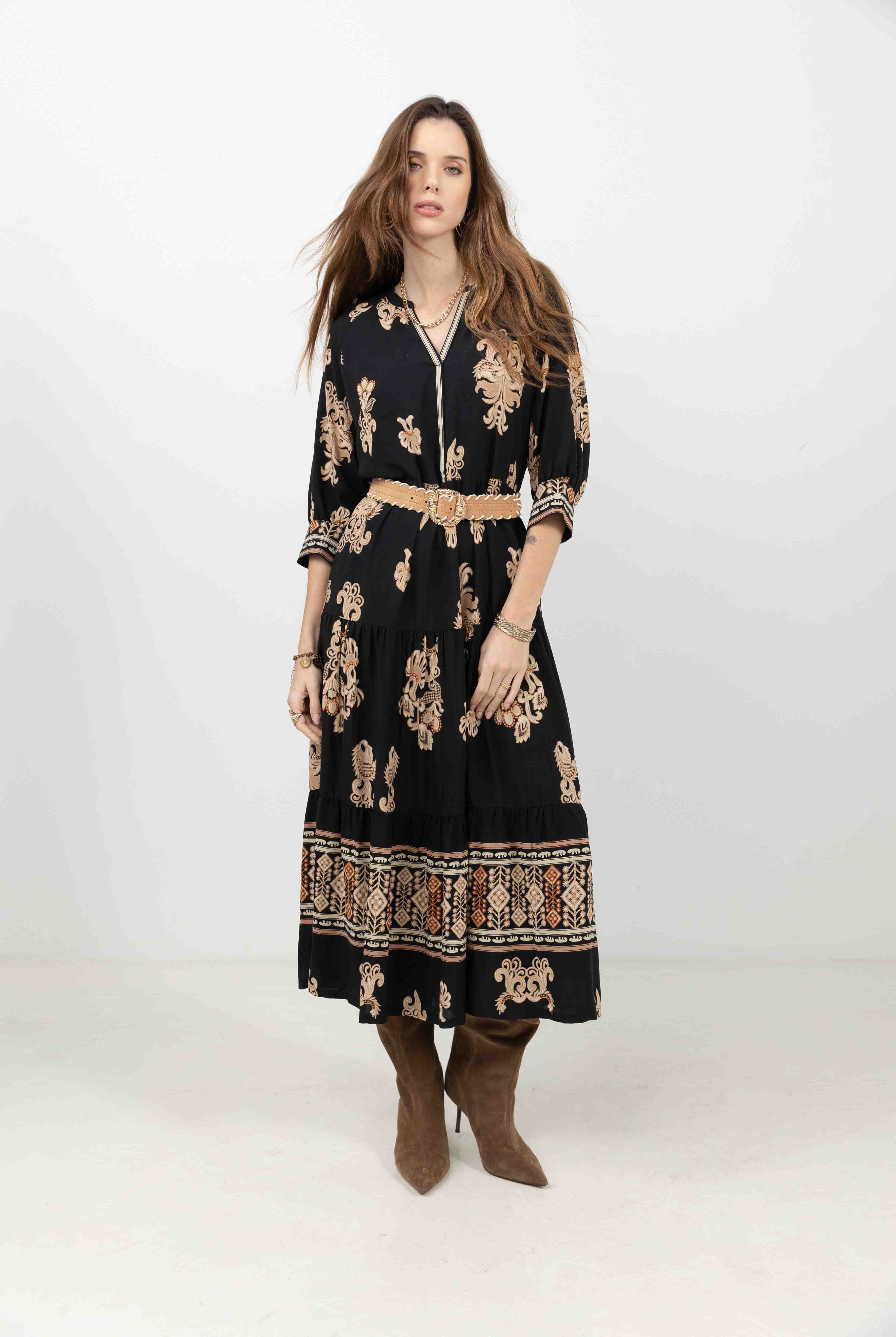Robe longue bohème imprimé noir beige | Elora