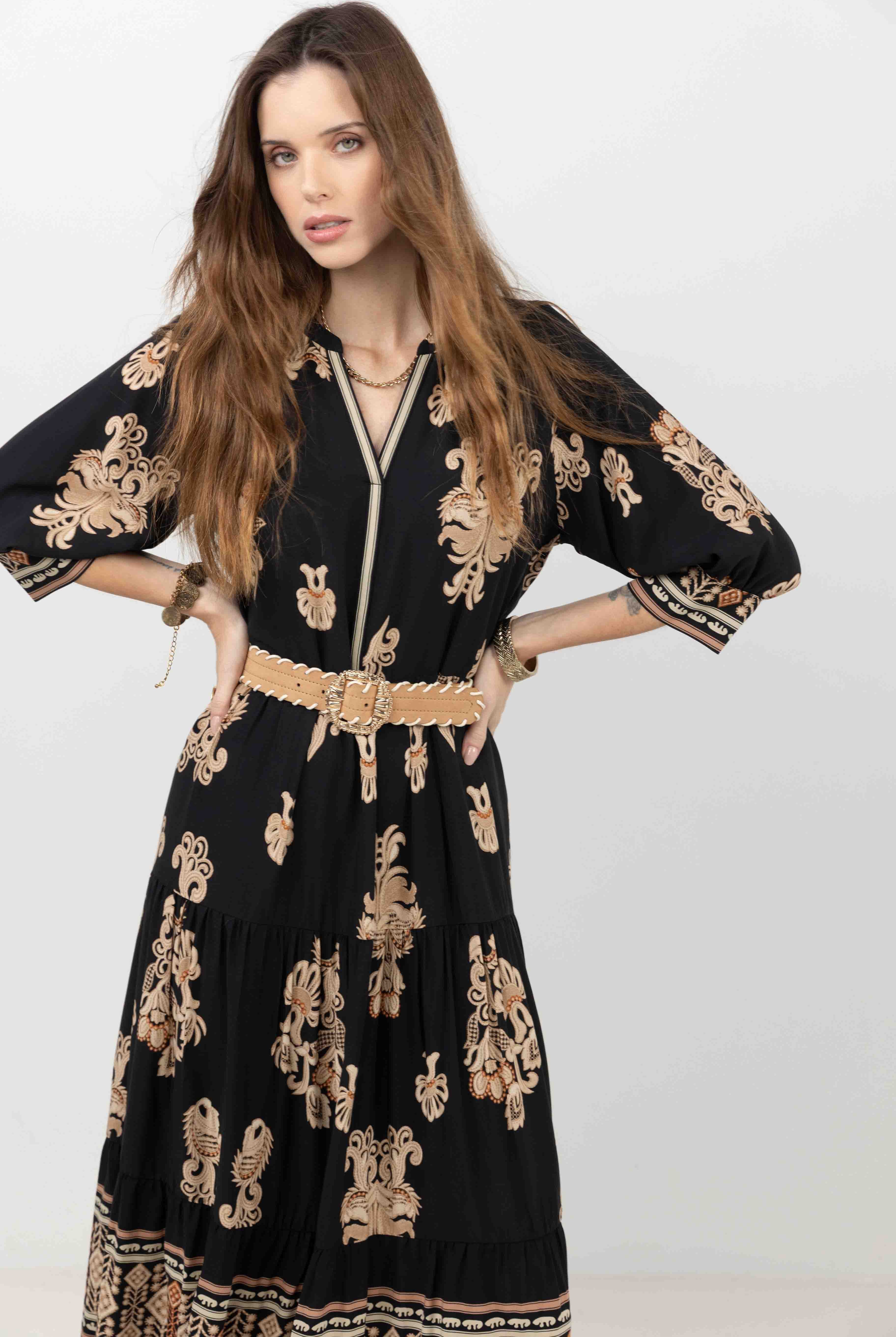 Robe longue bohème imprimé noir beige | Elora