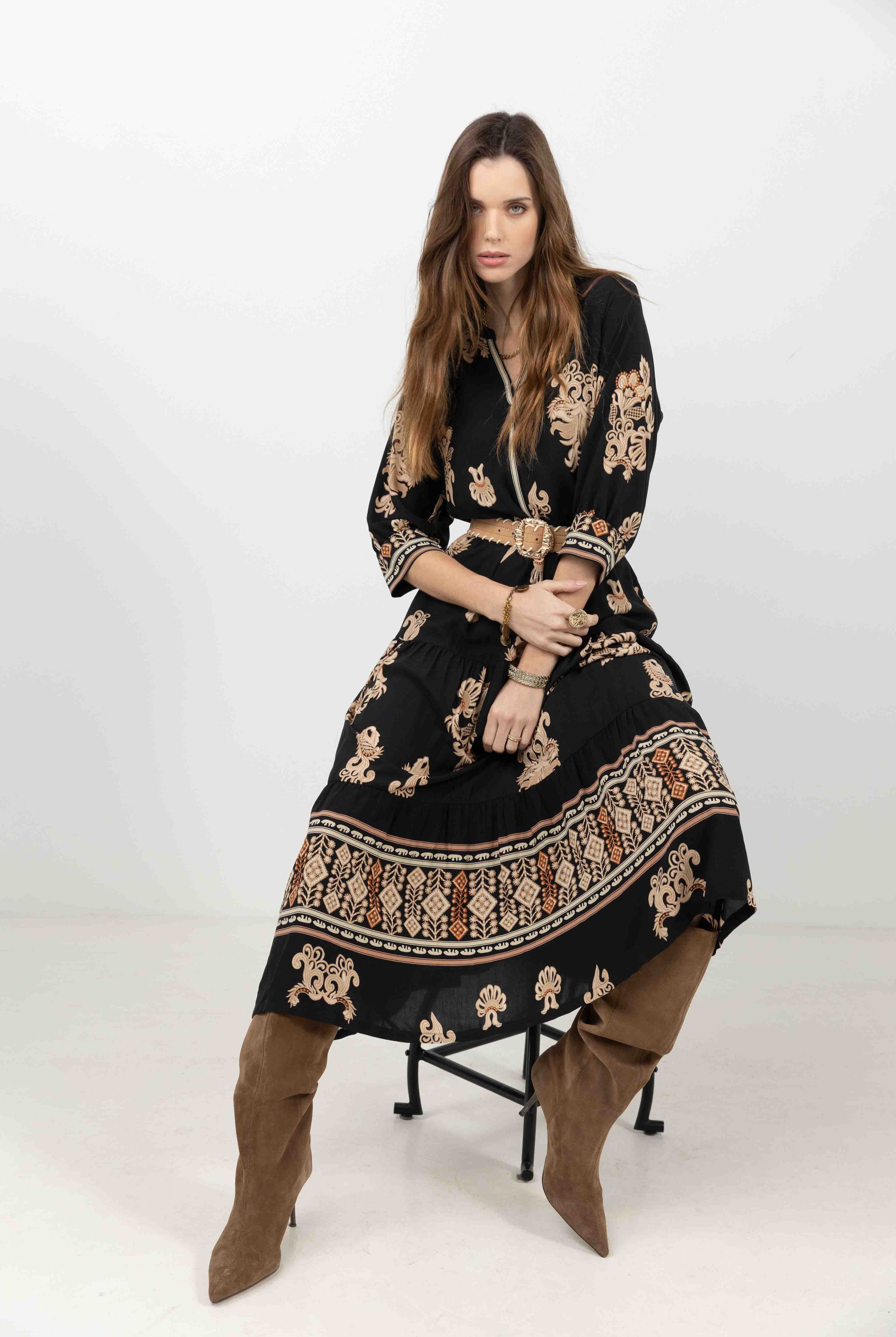 Robe longue bohème imprimé noir beige | Elora