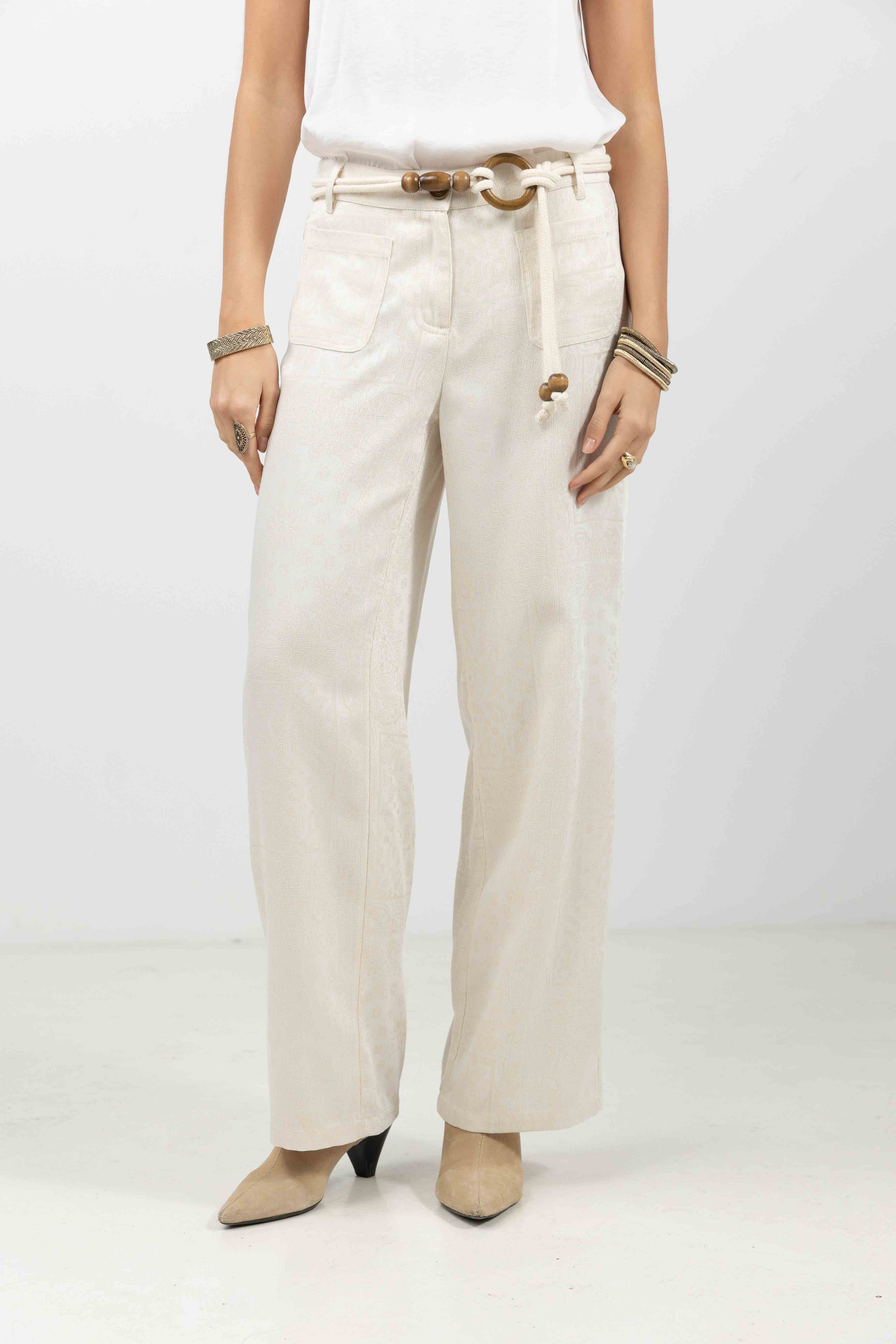 Pantalon beige large jacquard bohème | Elora