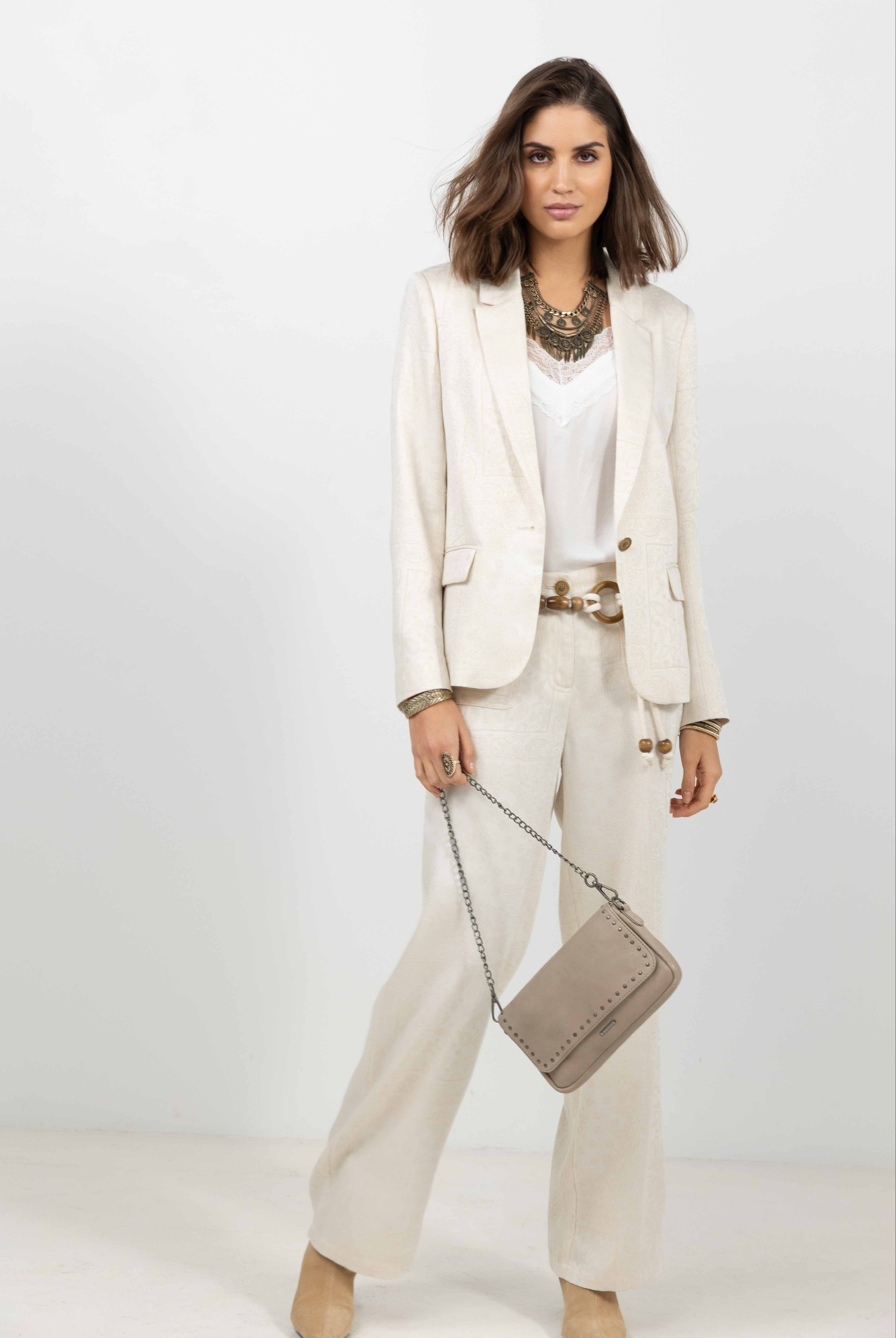 Pantalon beige large jacquard bohème | Elora